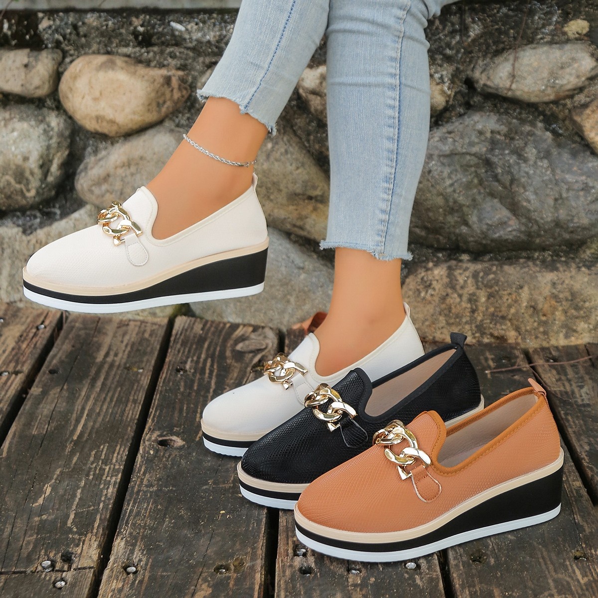 Chain Decor Wedge Loafers