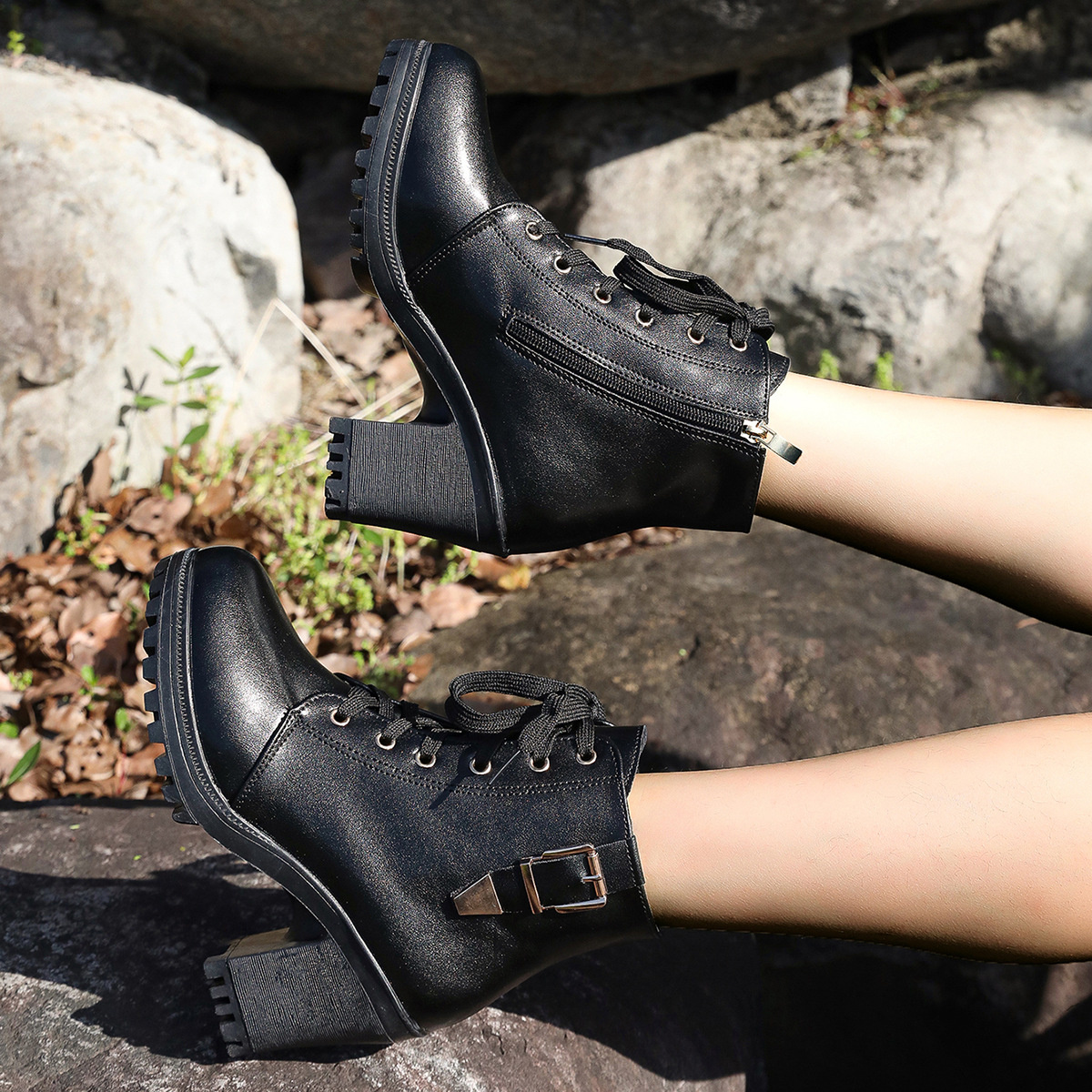 Lace Up Block Heels Boots