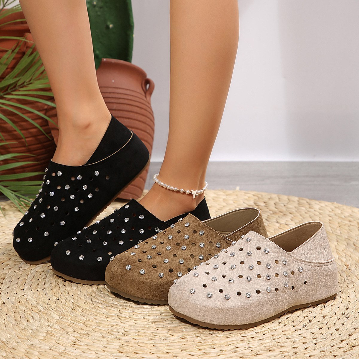 Rhinestone Round Toe Slip-Ons