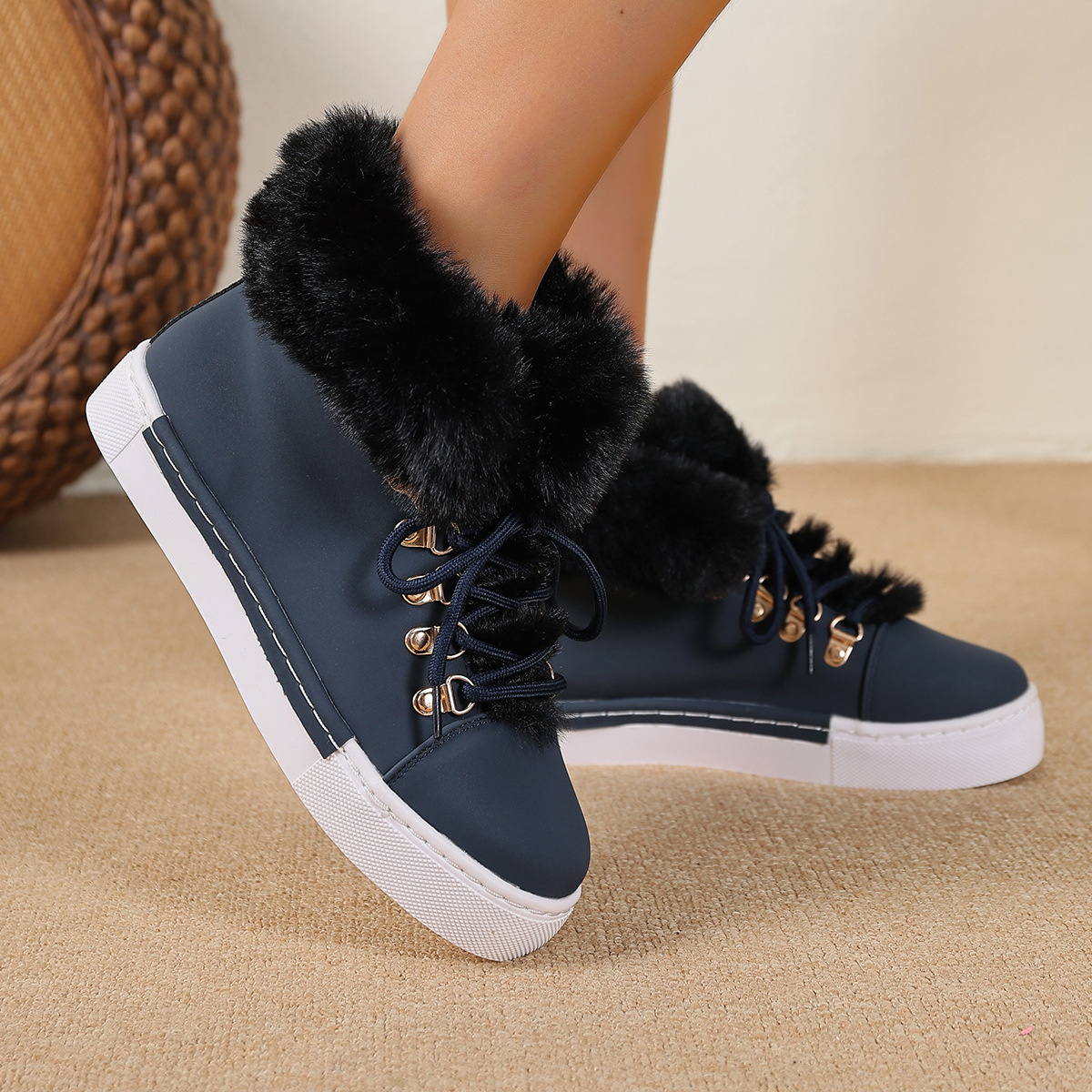 Fuzzy Trim Lace-Up Ankle Boots