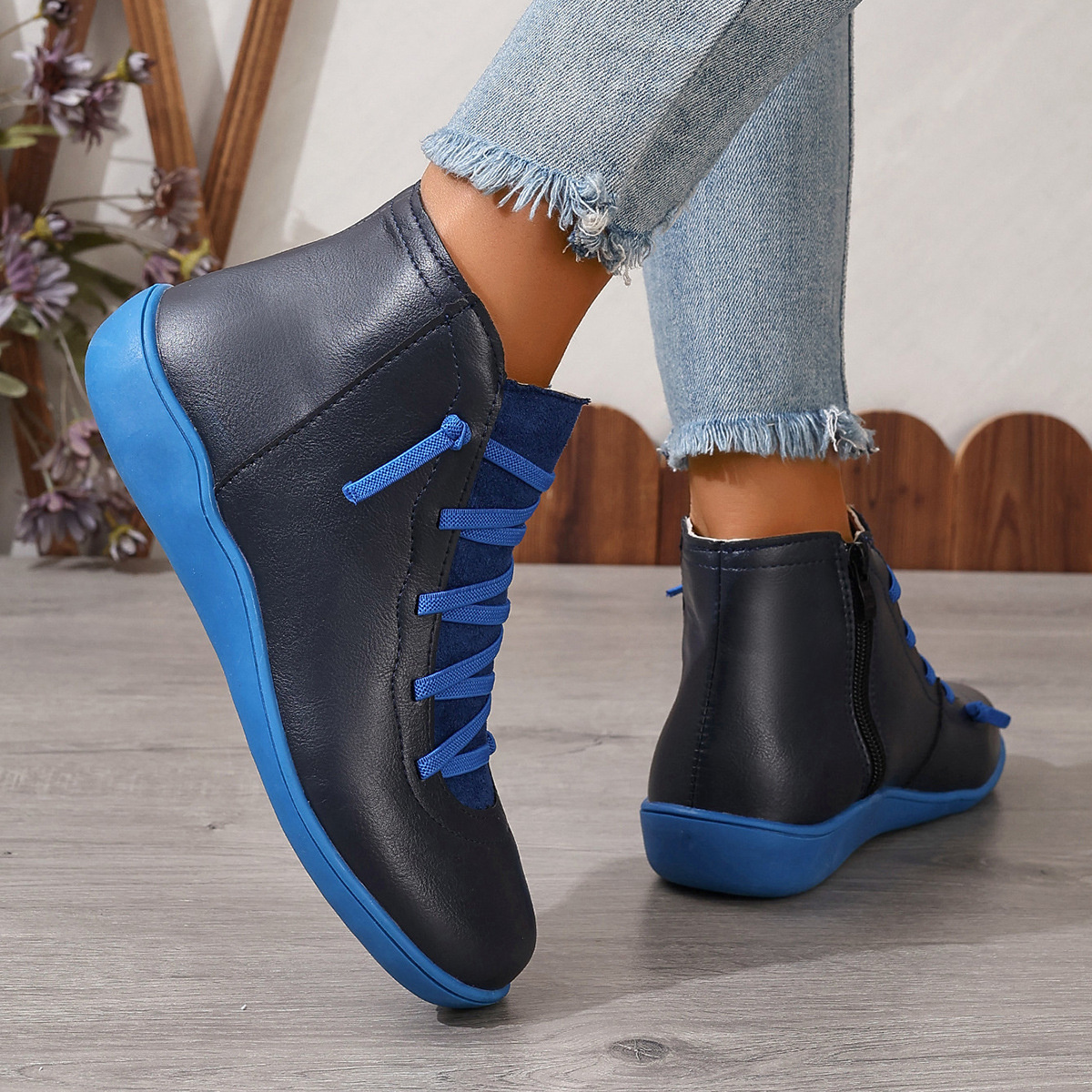 Lace-Up Faux Leather Ankle Boots