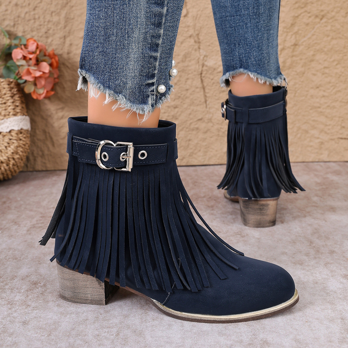 Fringe Ankle Boots with Buckle Detail