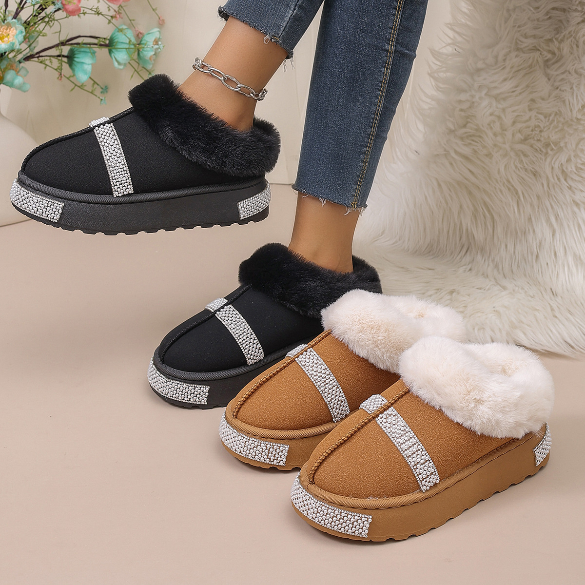 Rhinestone Embellished Faux Fur Lined Platform Boots