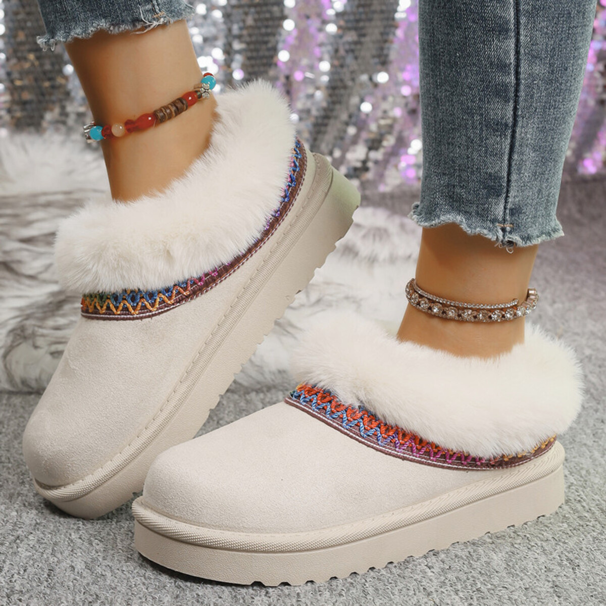 Fur-Lined Platform Boots with Decorative Woven Strap