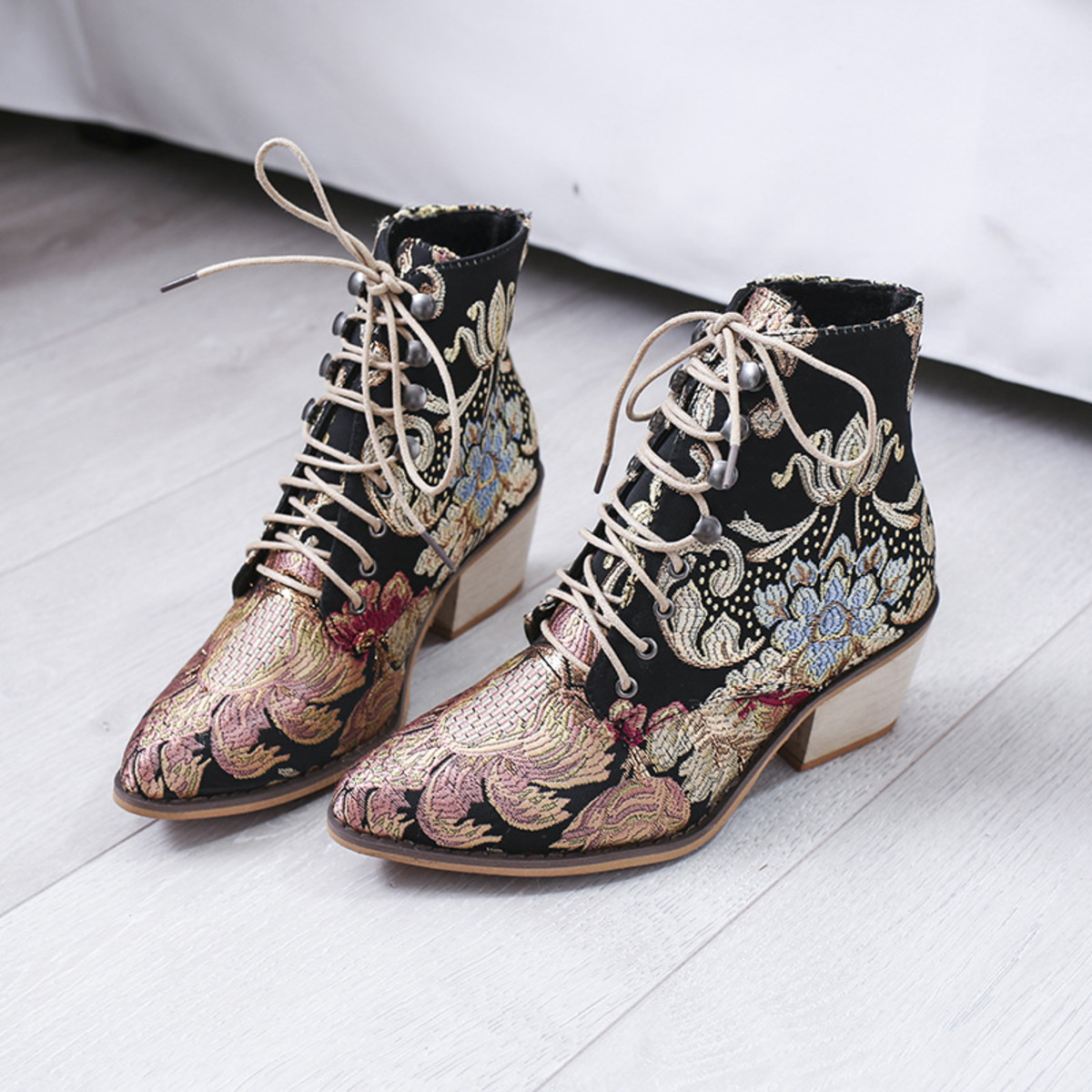 Embroidered Floral Lace-Up Ankle Boots