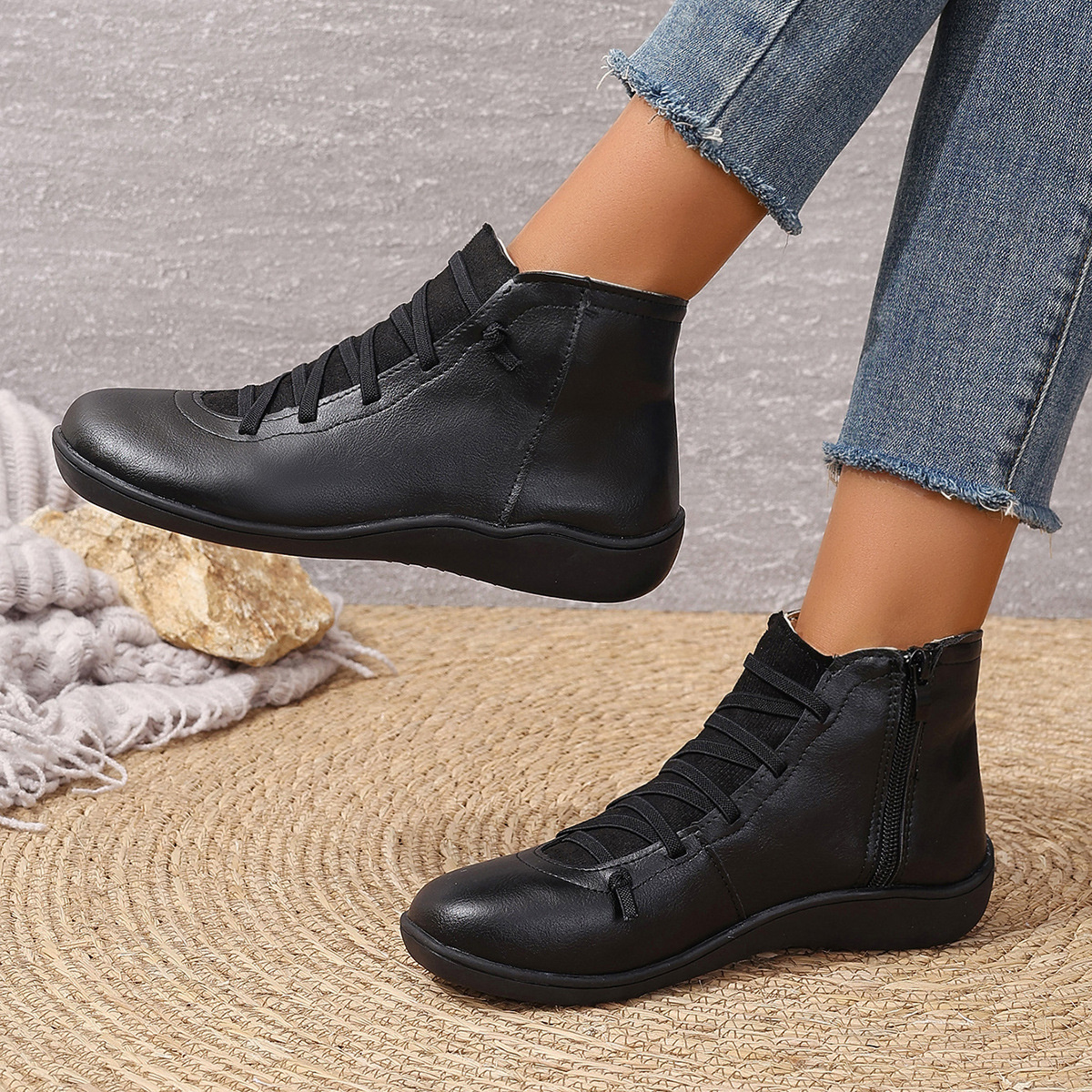 Lace-Up Faux Leather Ankle Boots