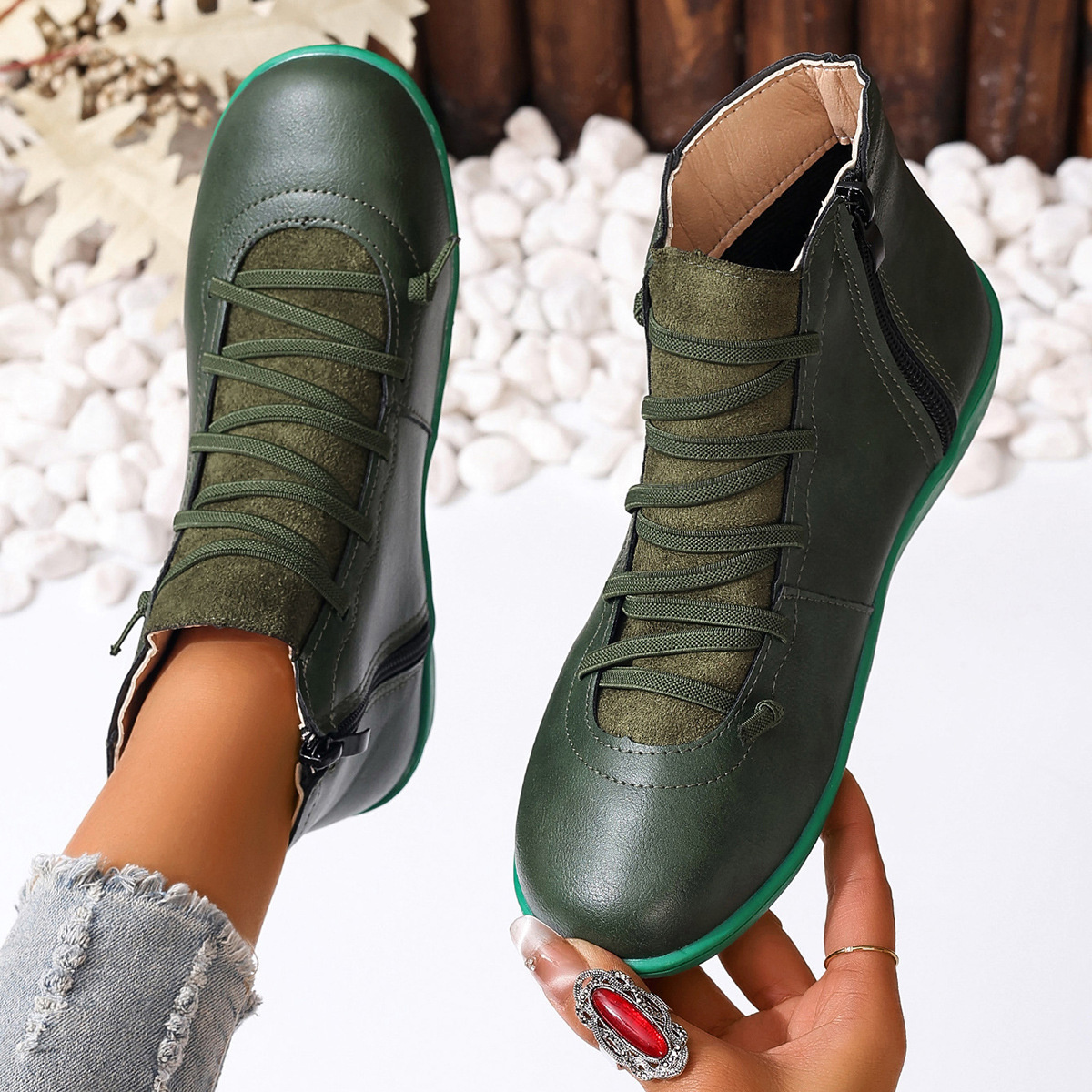 Lace-Up Faux Leather Ankle Boots