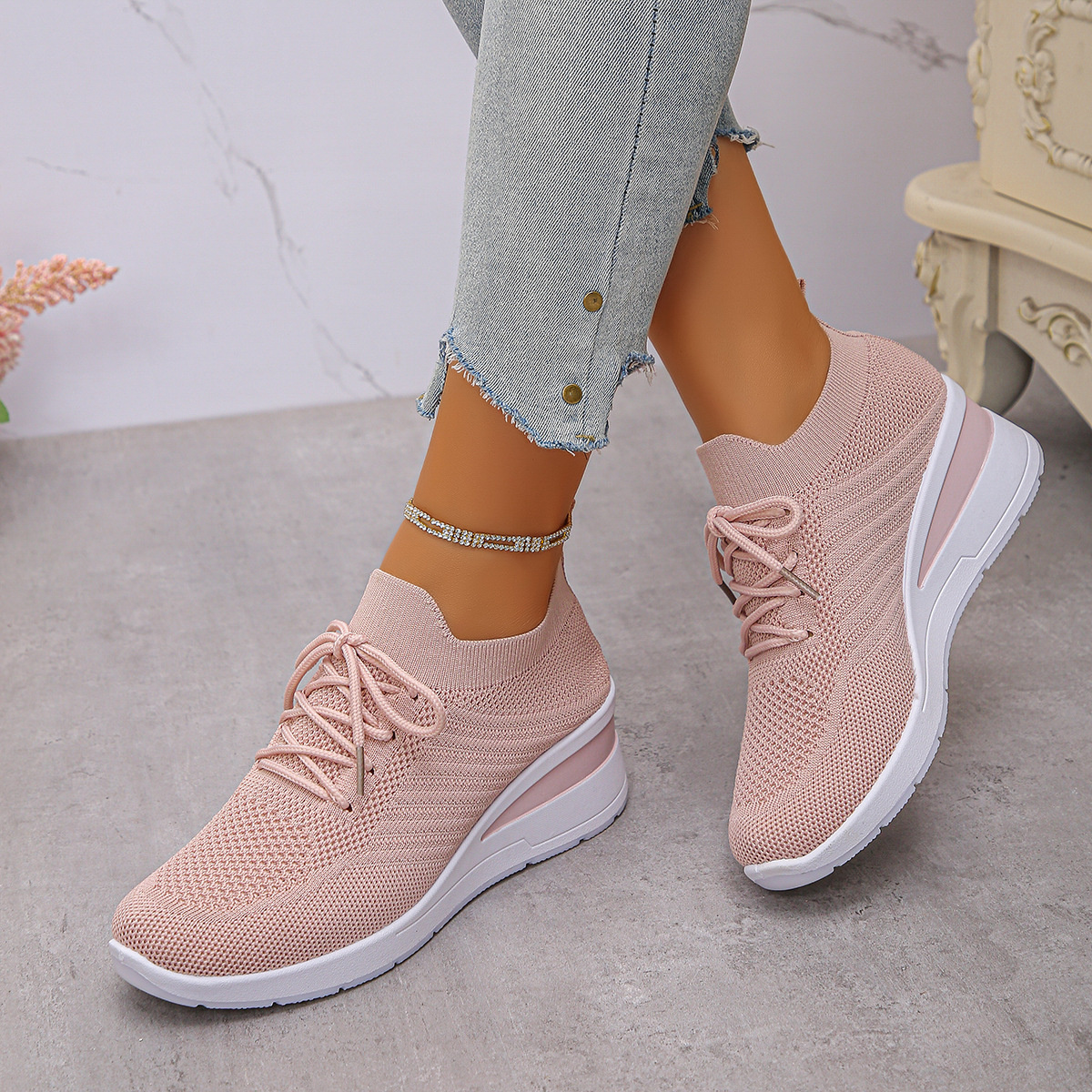 Mesh Lace Up Wedge Athletic