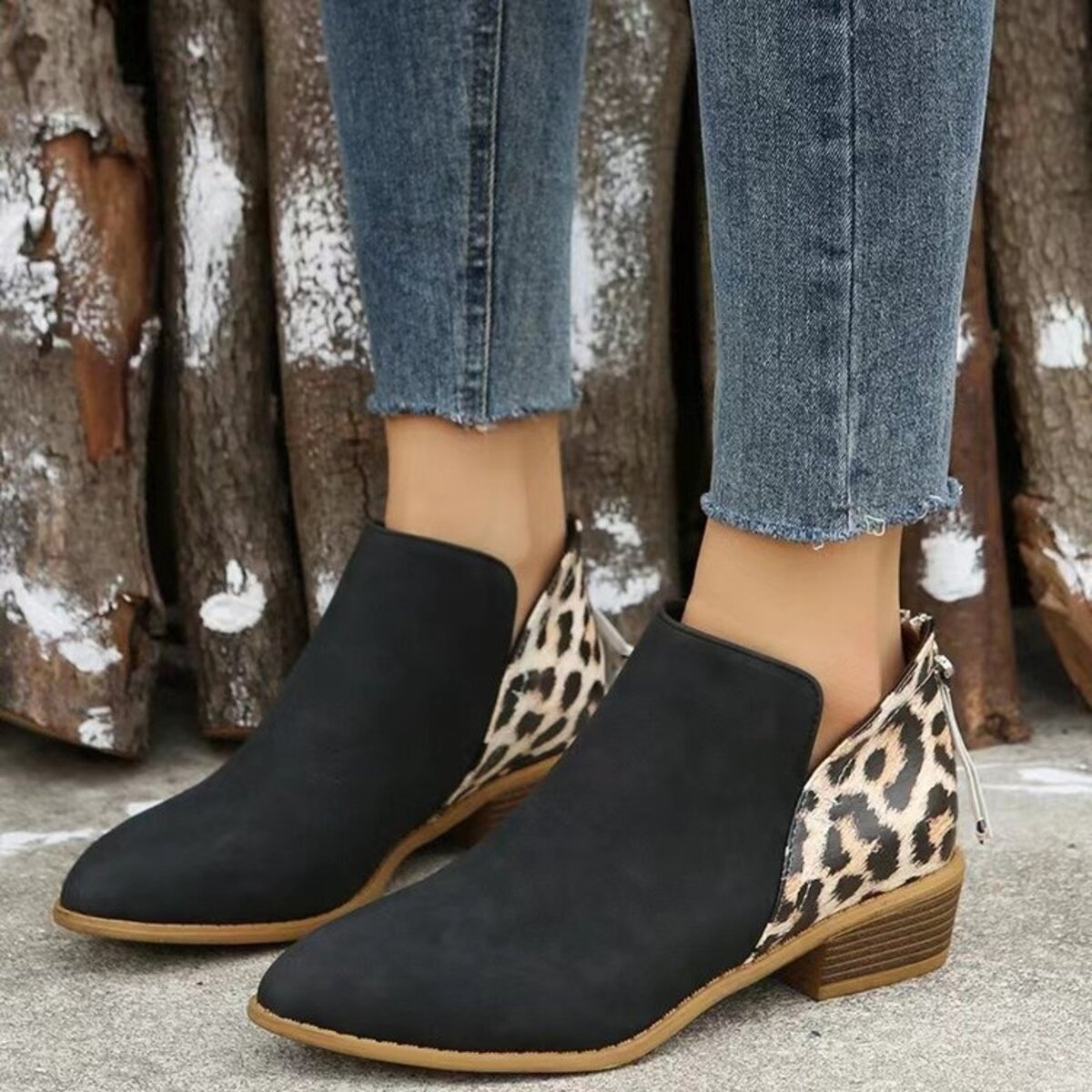 Leopard Point Toe Block Heels Boots