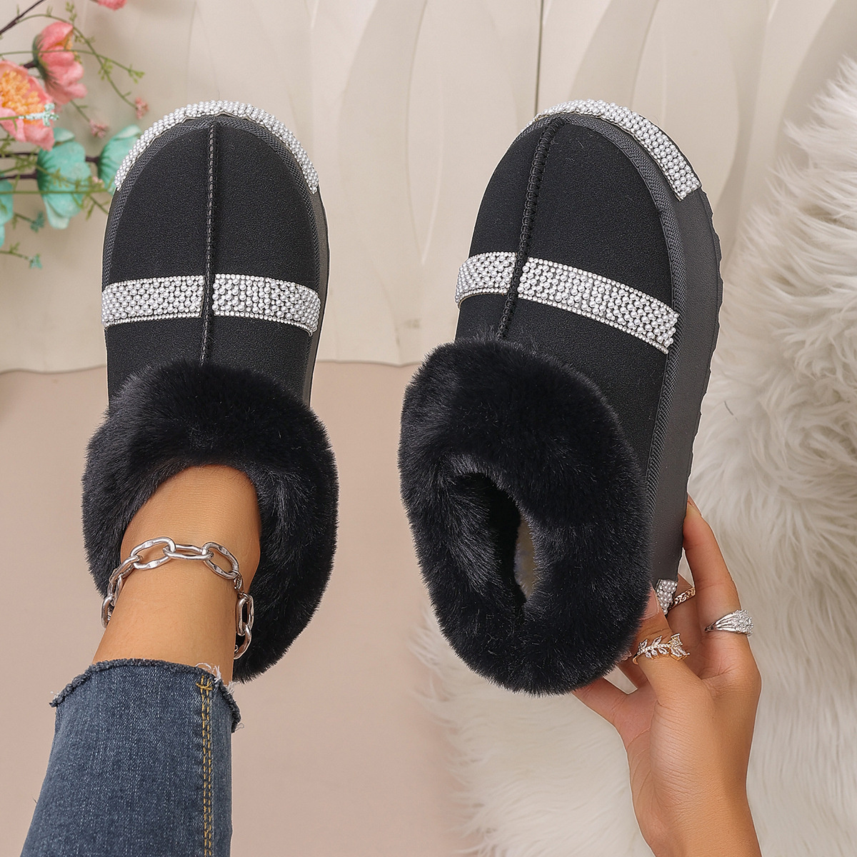 Rhinestone Embellished Faux Fur Lined Platform Boots