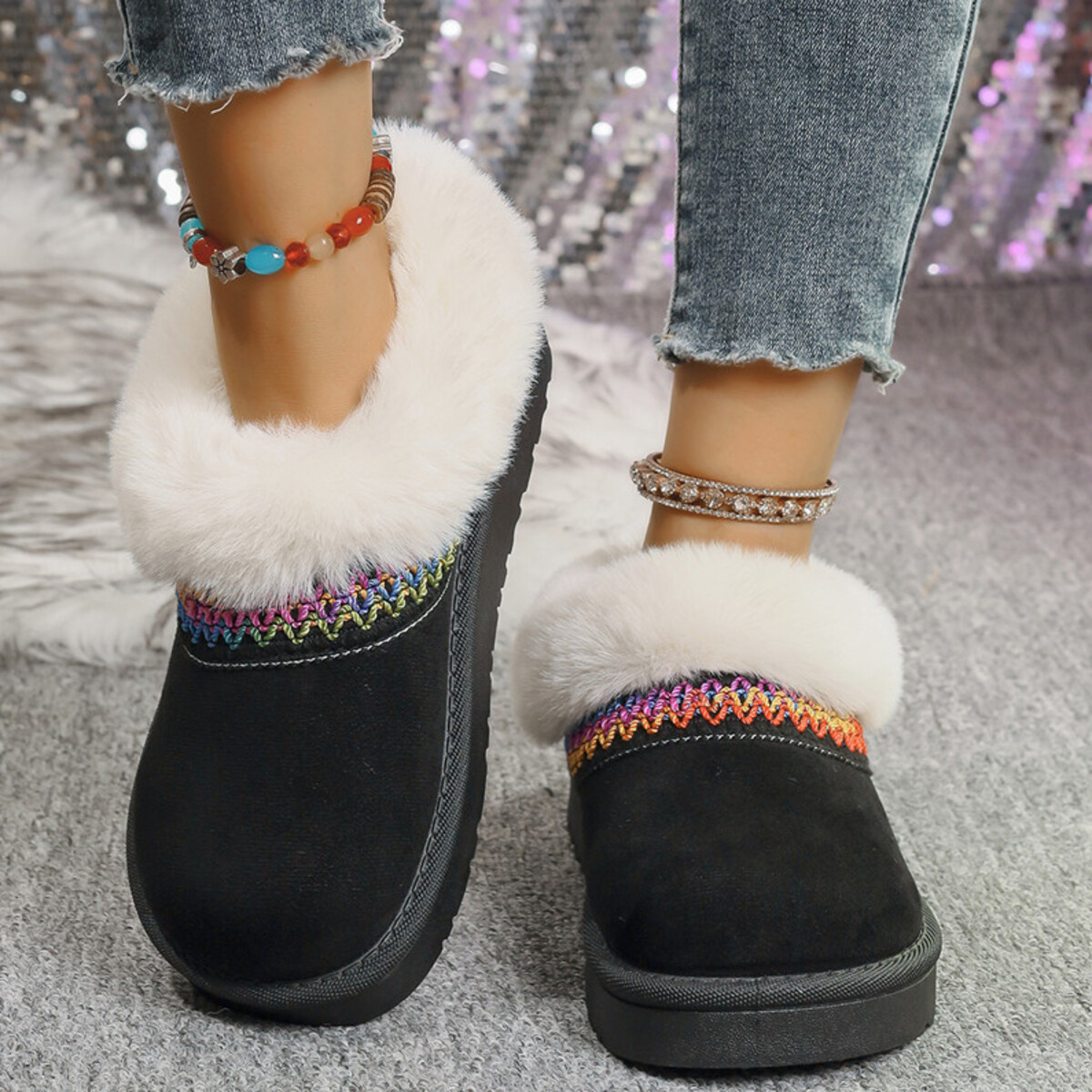 Fur-Lined Platform Boots with Decorative Woven Strap