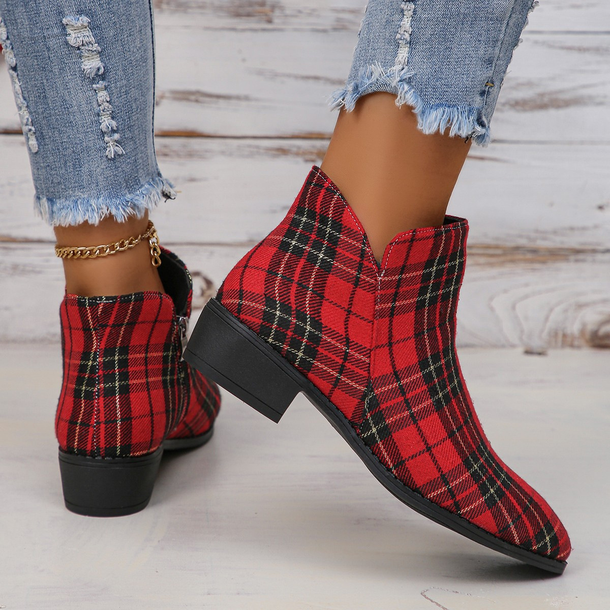 Plaid Point Toe Ankle Boots