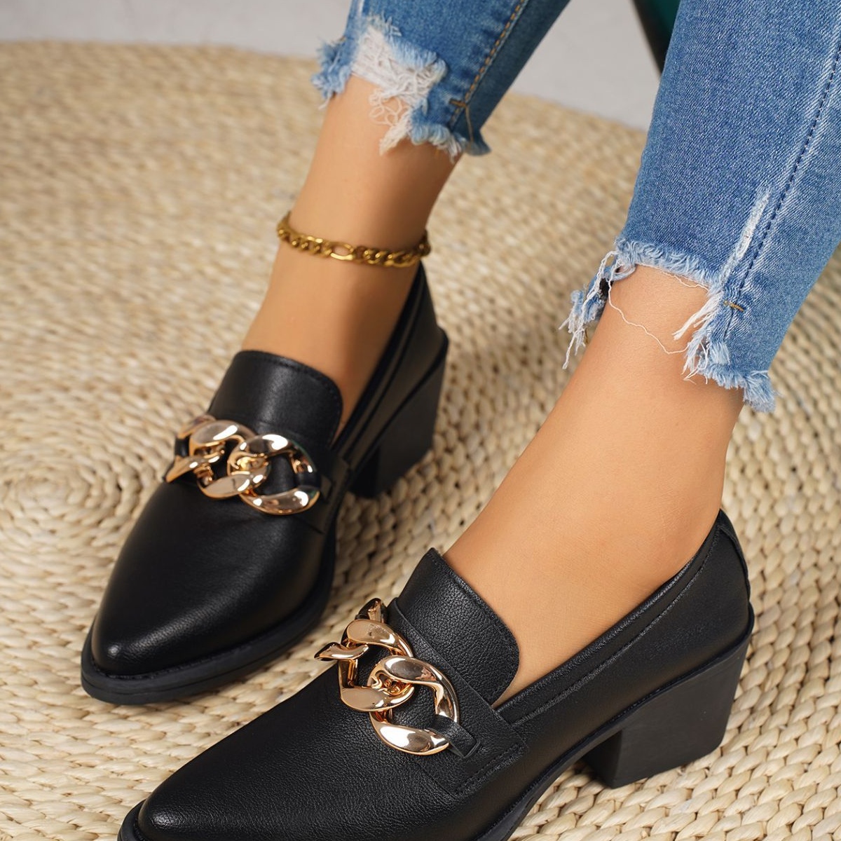 Point Toe Block Heels Loafers