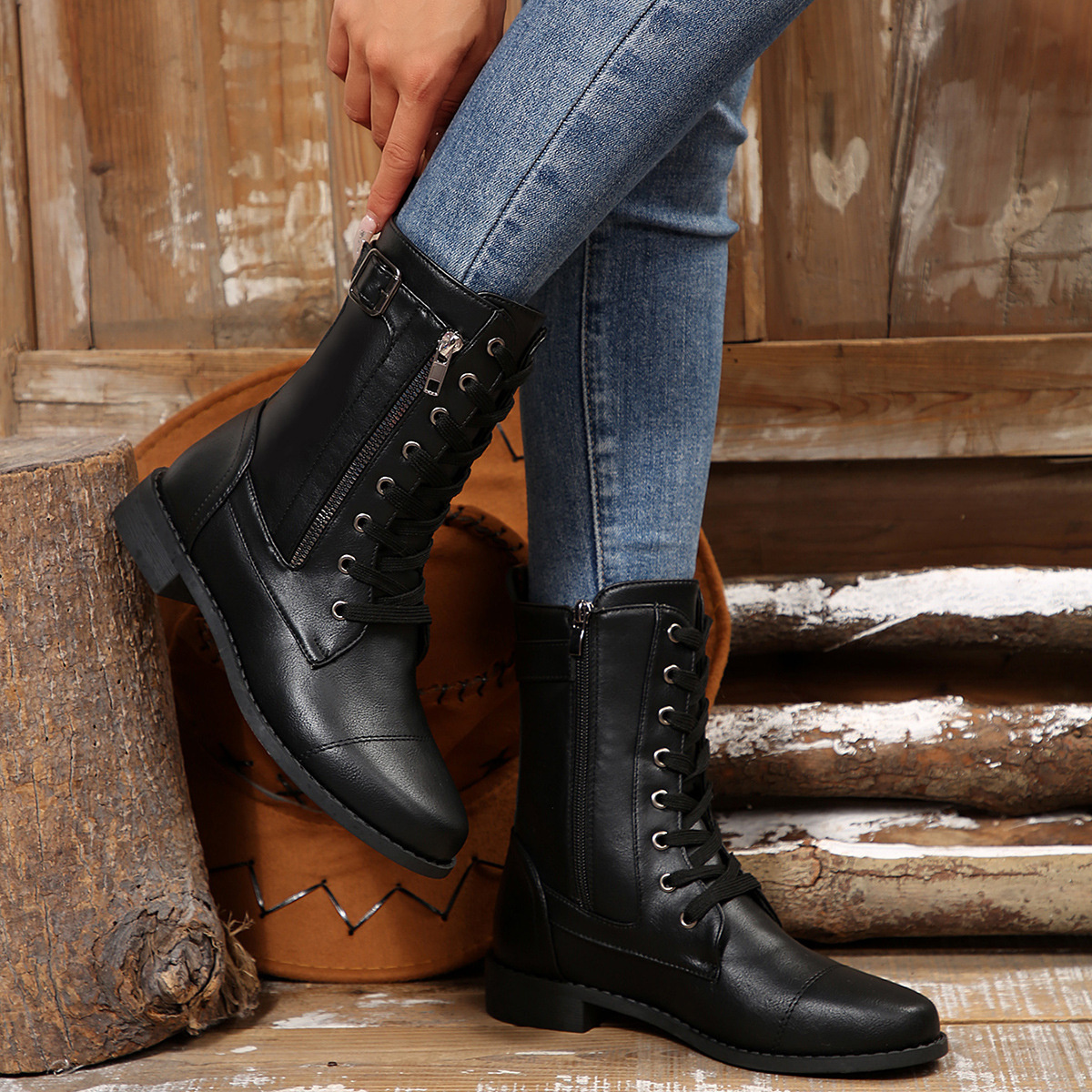 Round Toe Lace Up Block Heels Boots