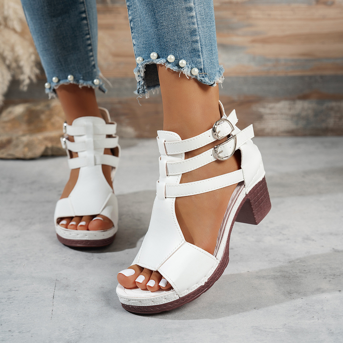 Block Heel Buckle Strap Sandals