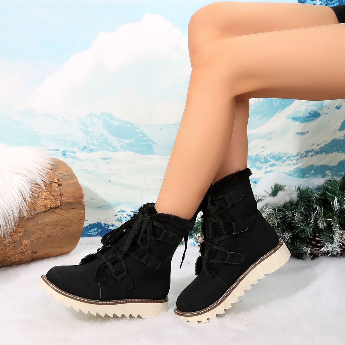 Fuzzy Trim Lace-Up Boots