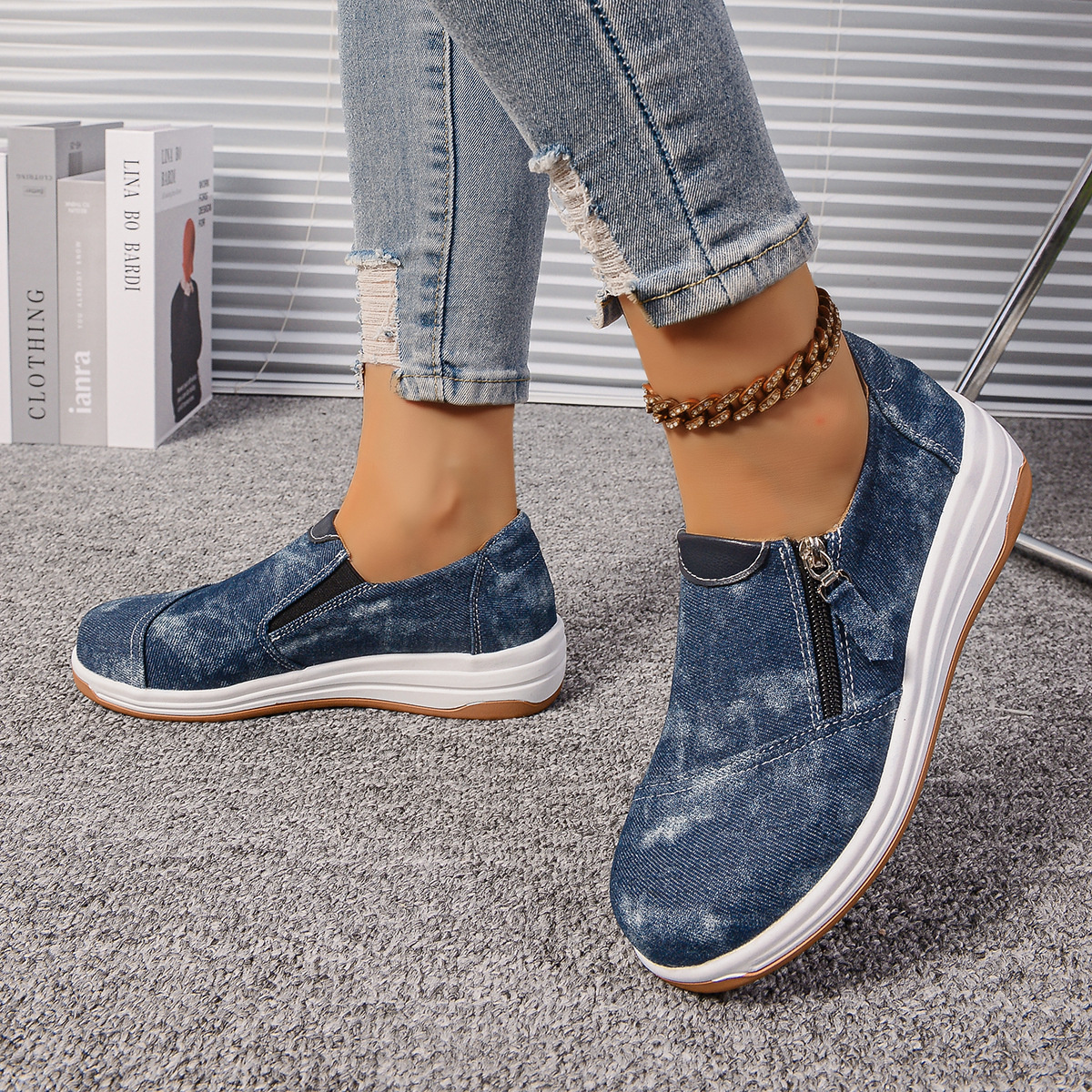 Zip Detail Round Toe Slip-Ons