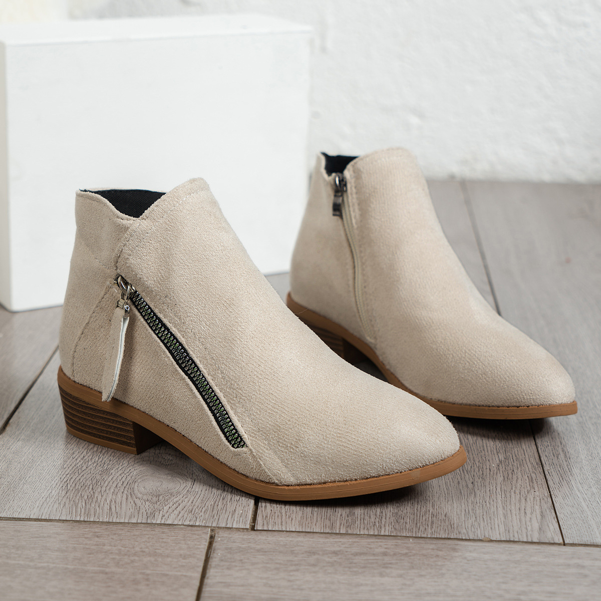 Side Zip Ankle Boots with Block Heel