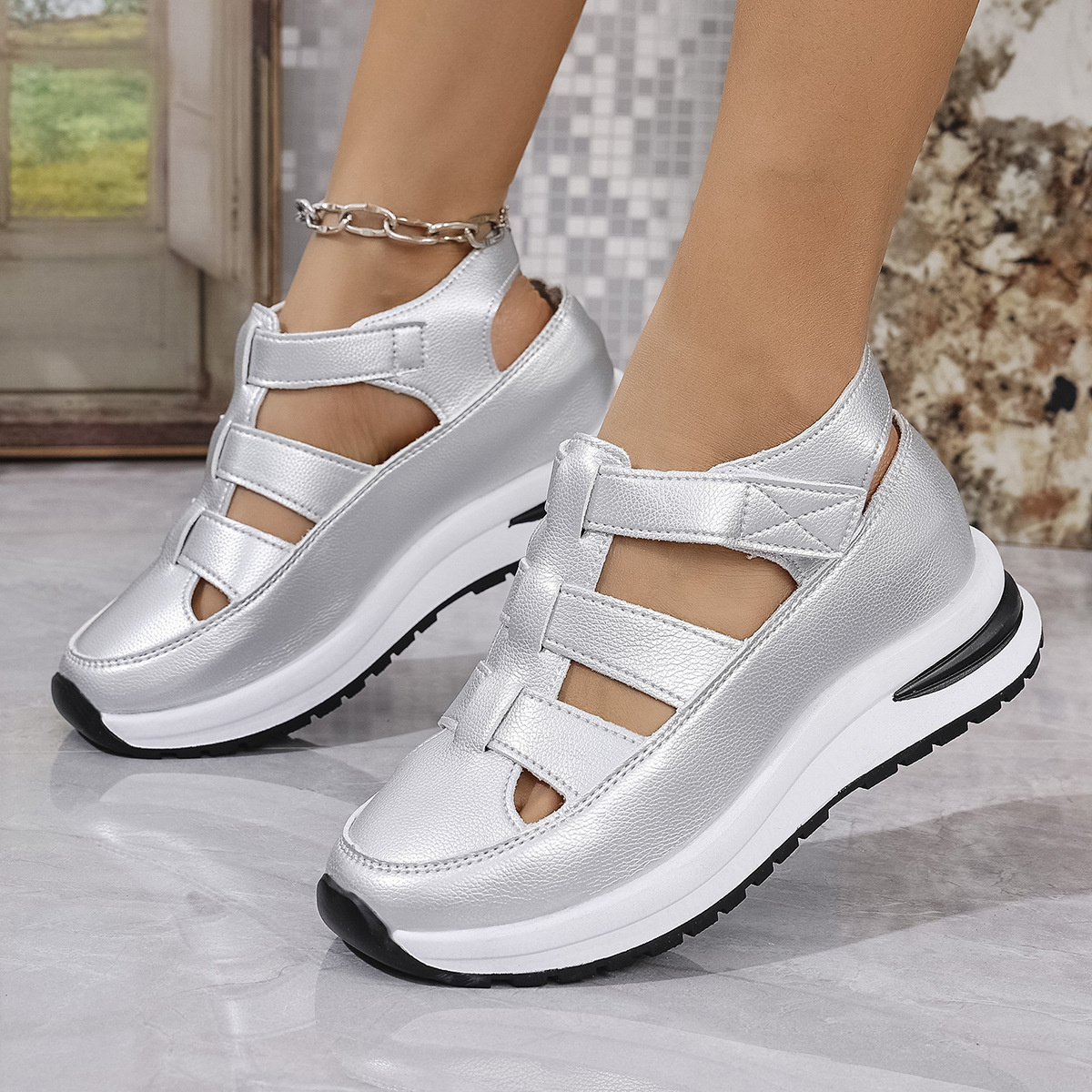 Cutout Wedge Velcro Sandals