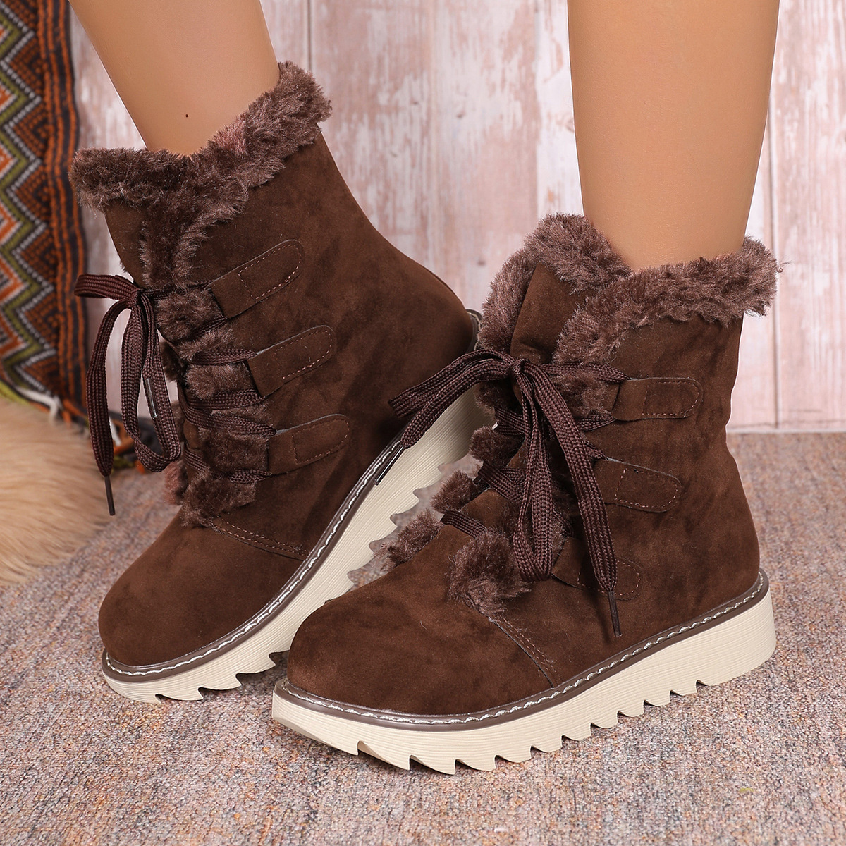 Fuzzy Trim Lace-Up Boots