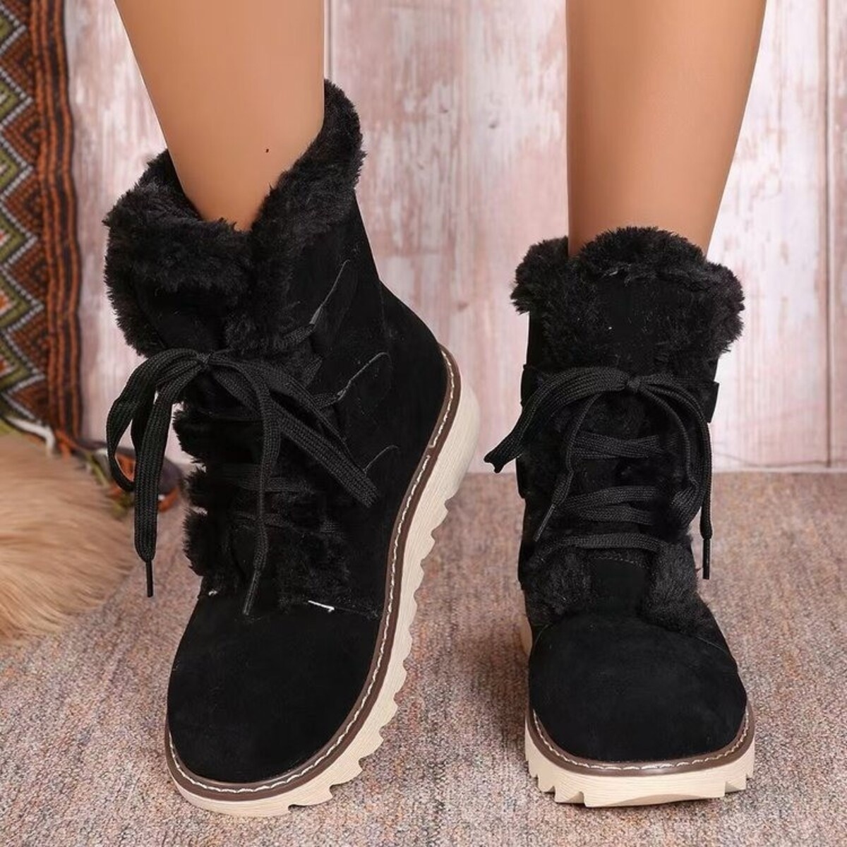 Fuzzy Trim Lace-Up Boots