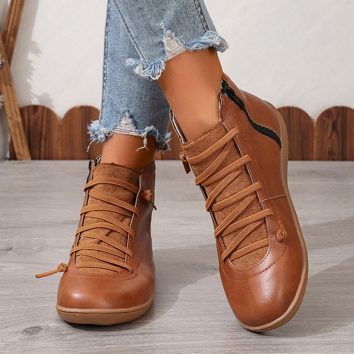 Lace-Up Faux Leather Ankle Boots