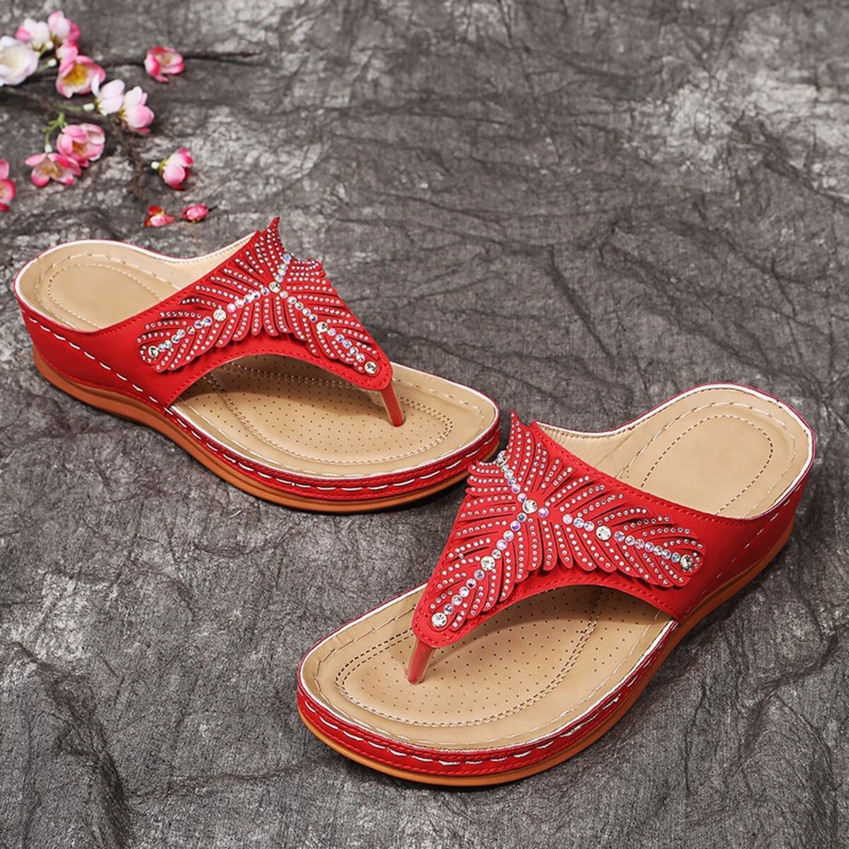 Rhinestone Toe Post Wedge Sandals