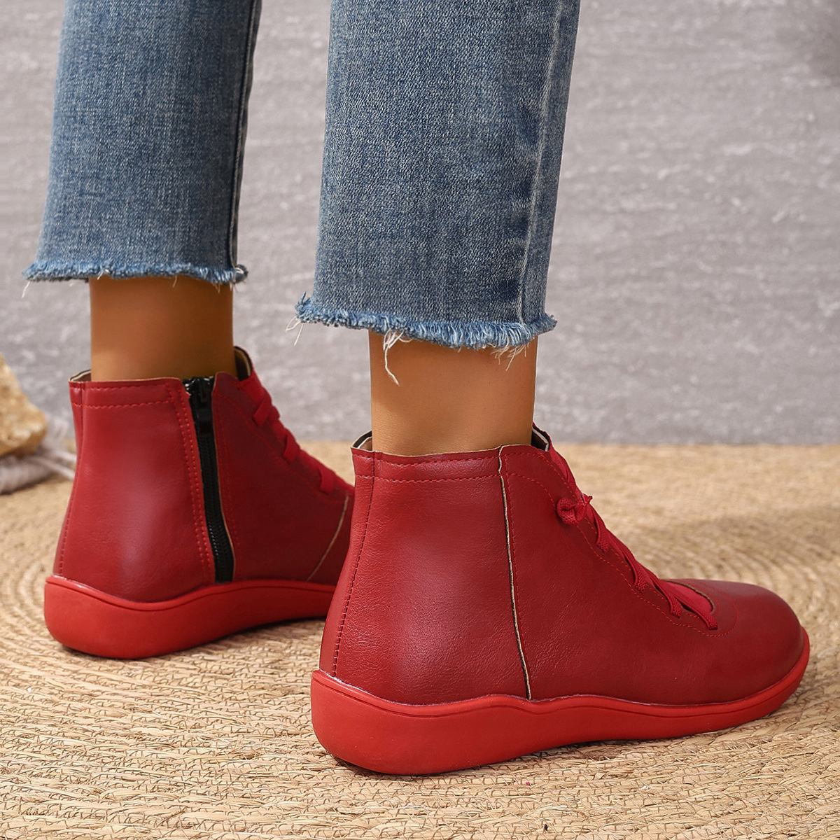 Lace-Up Faux Leather Ankle Boots