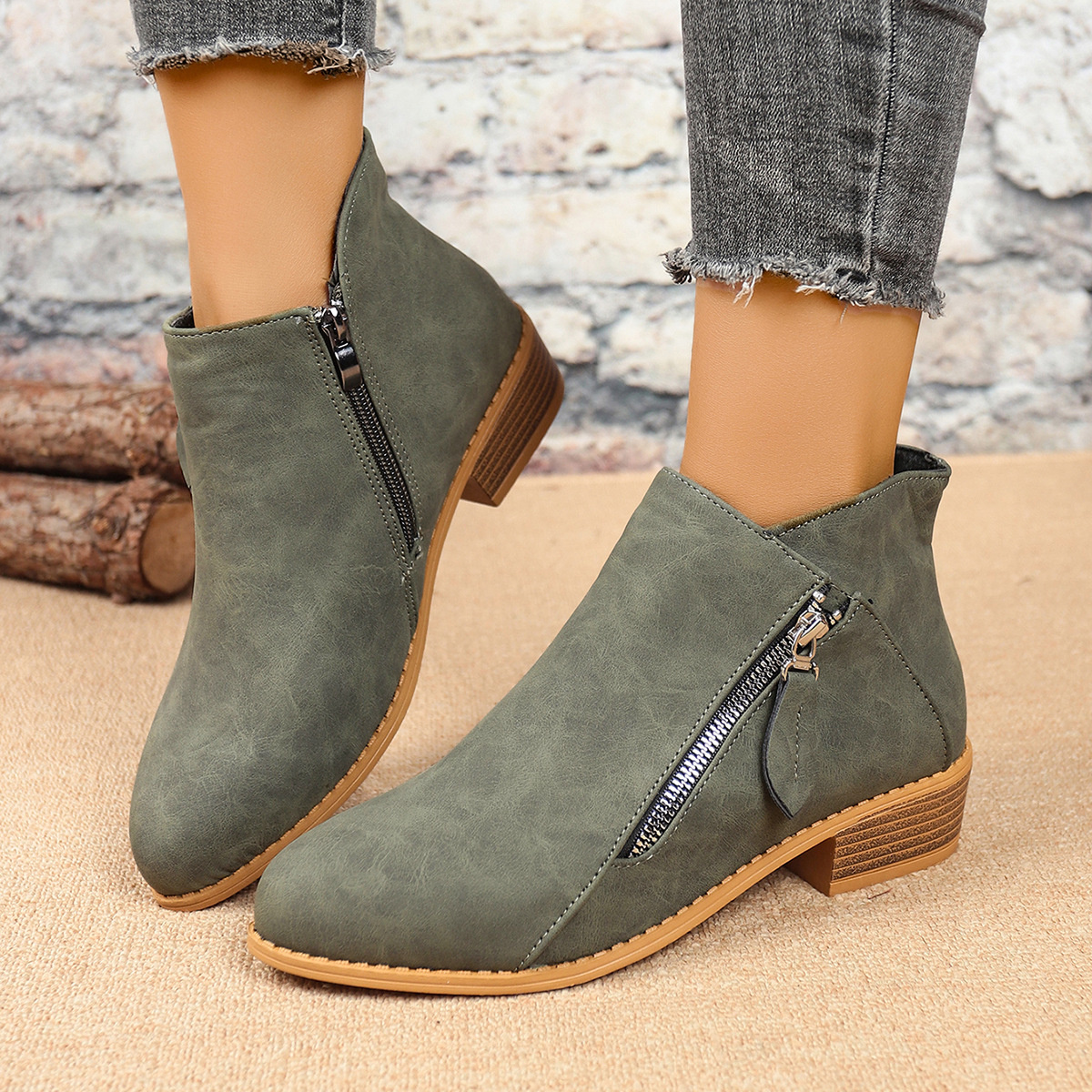 Size Zipper Block Heels Boots