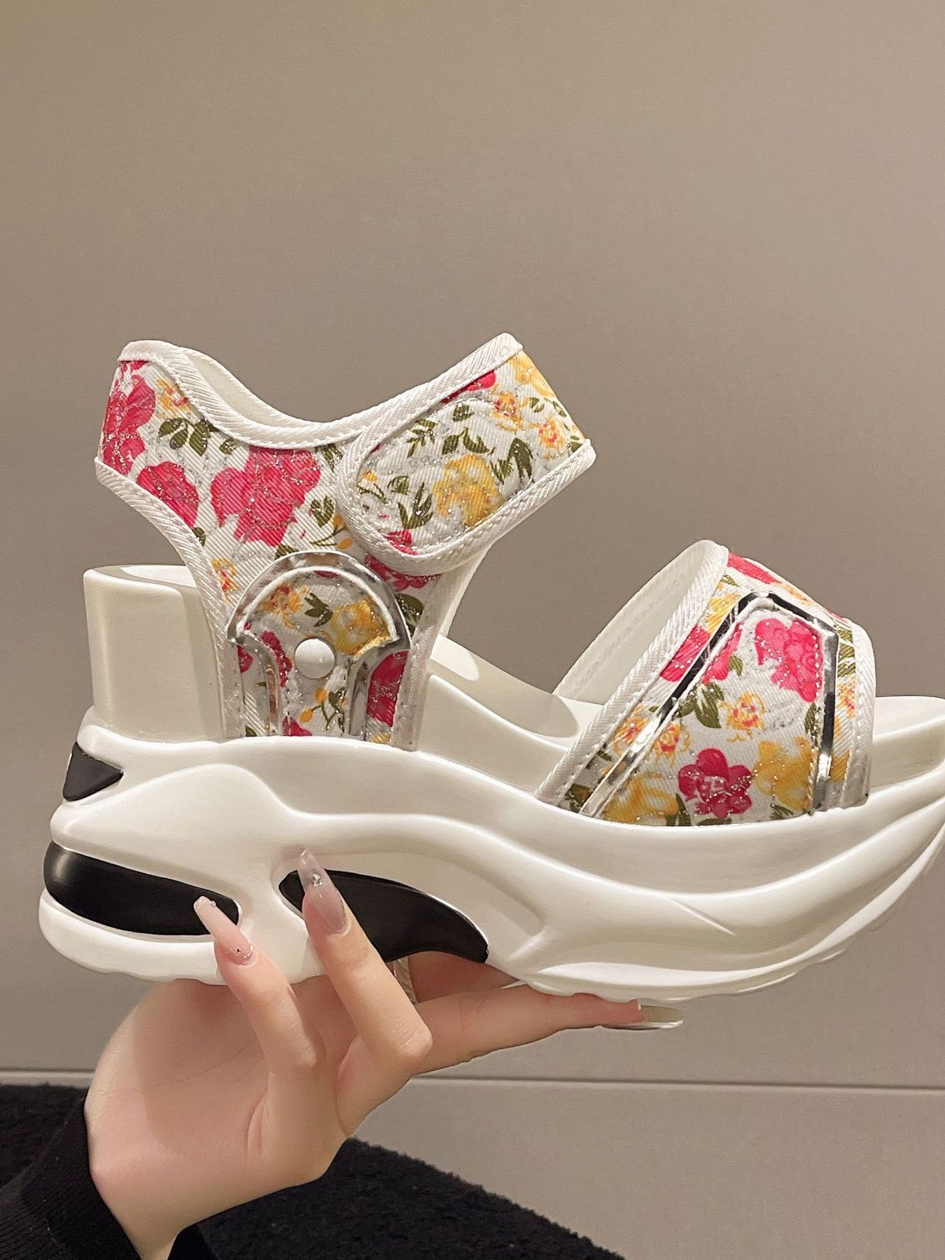 Floral Platform Wedge Sandals with Velcro