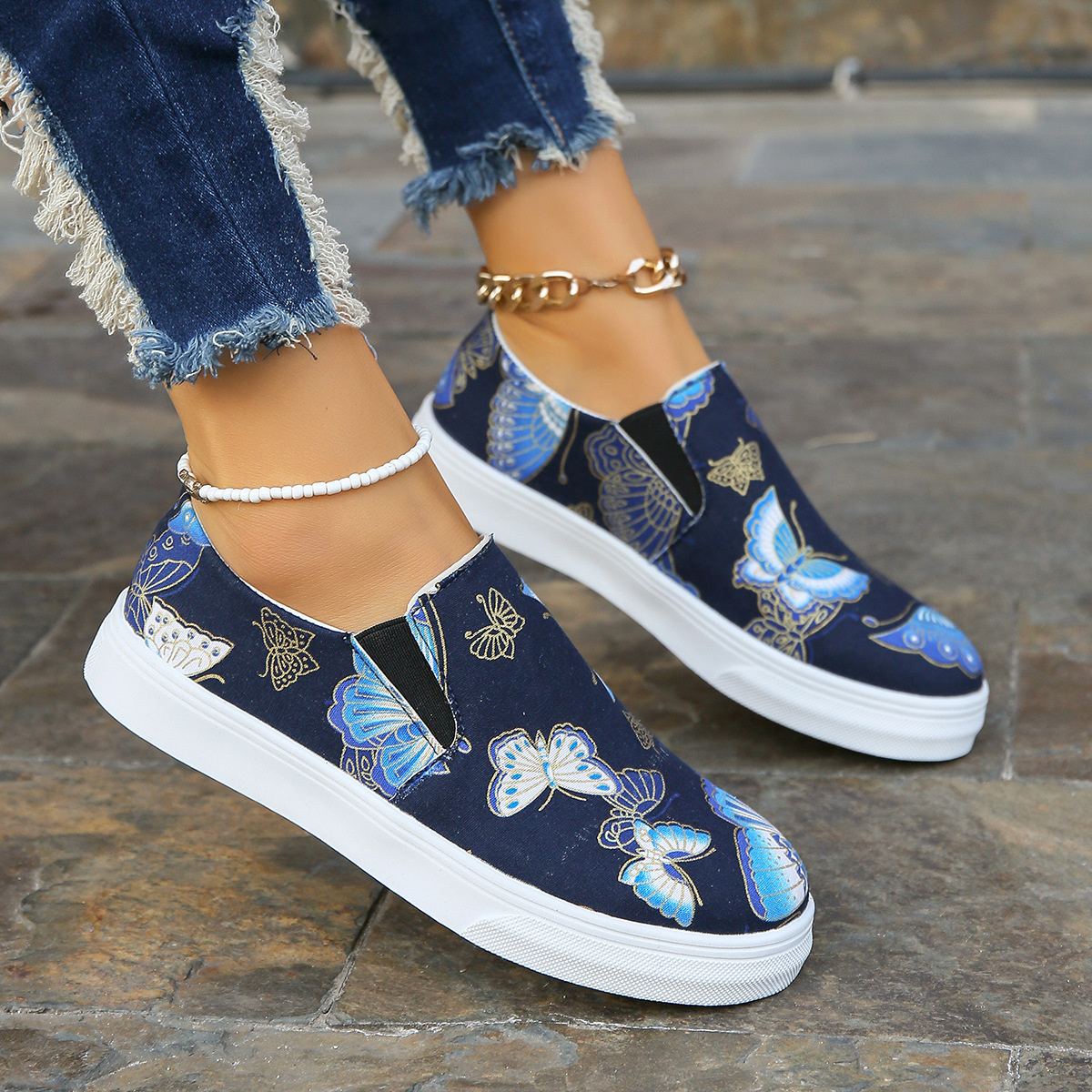 Butterfly Print Round Toe Slip-Ons