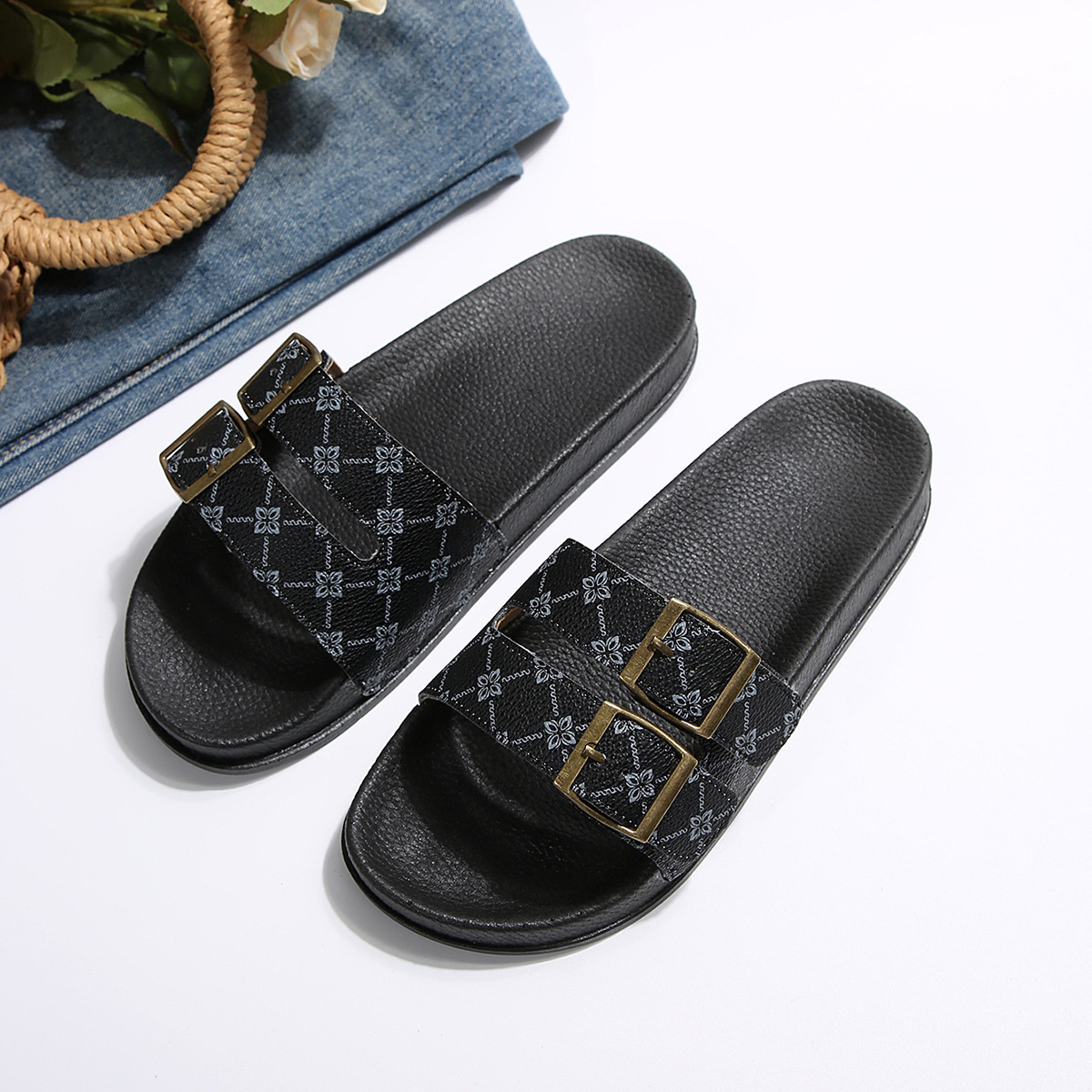 Open Toe Double Buckle Sandals