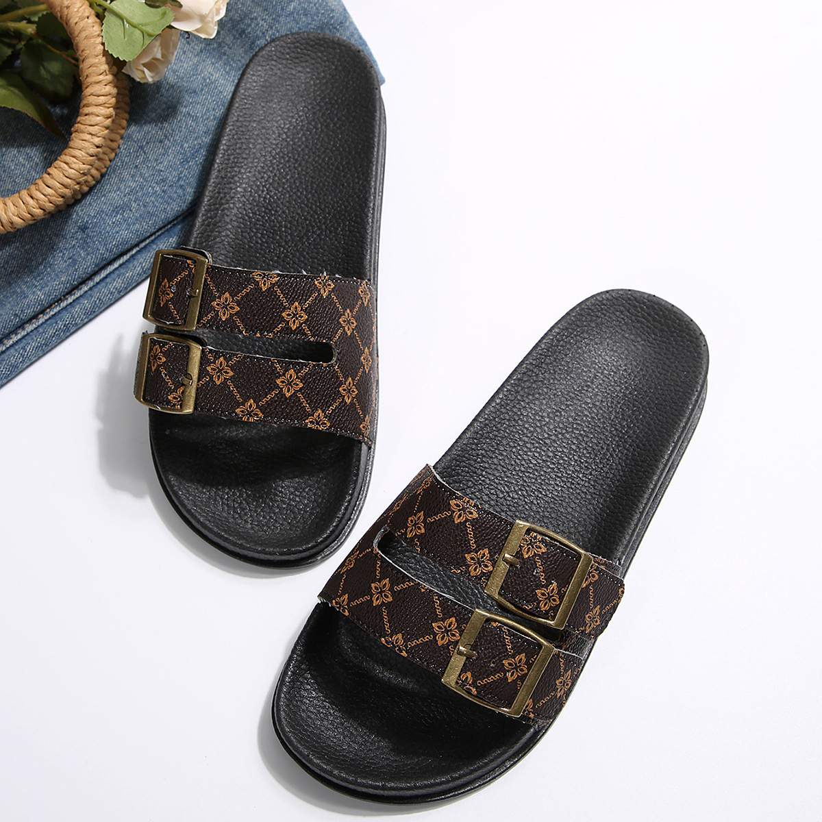 Open Toe Double Buckle Sandals