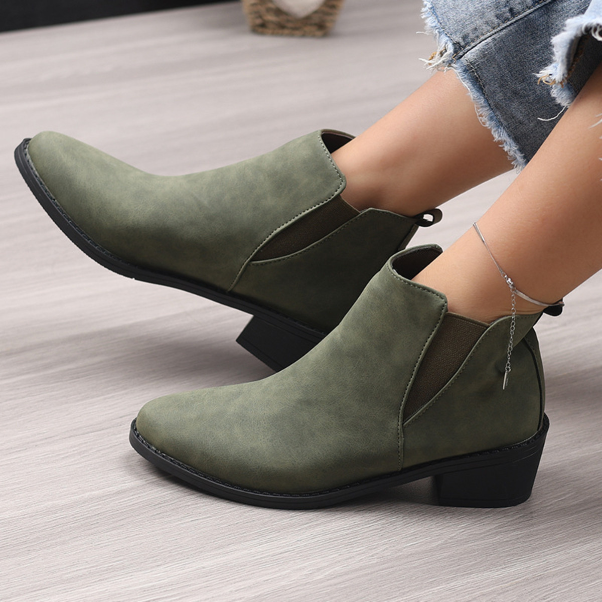Point Toe Block Heels Ankle Boots