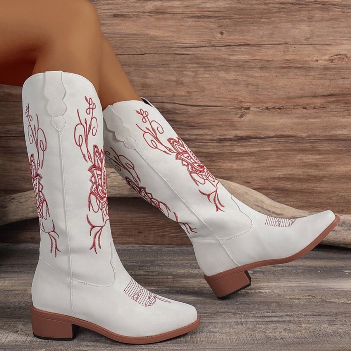 Embroidered Block Heels Boots