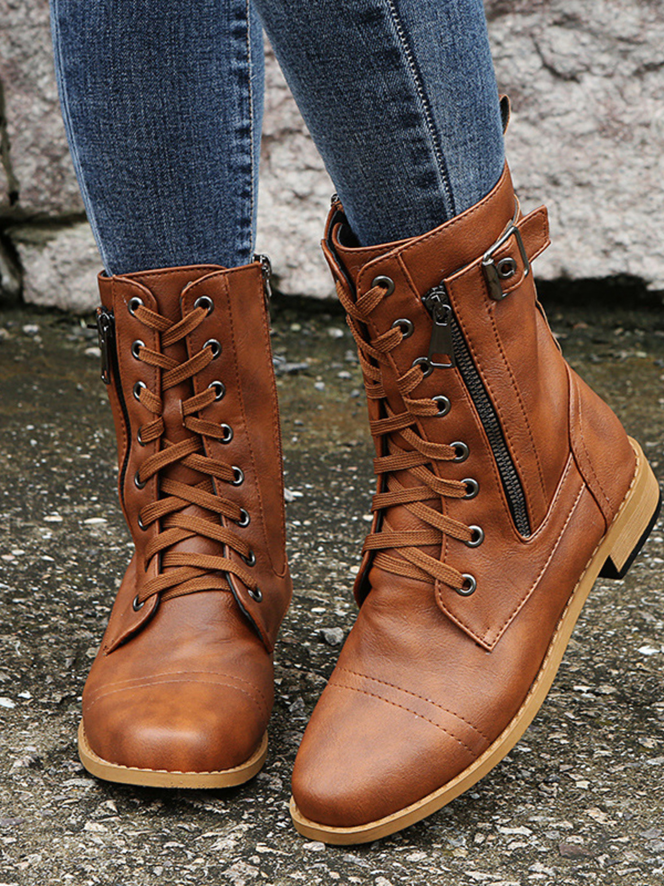 Lace-Up Boots with Side Zipper