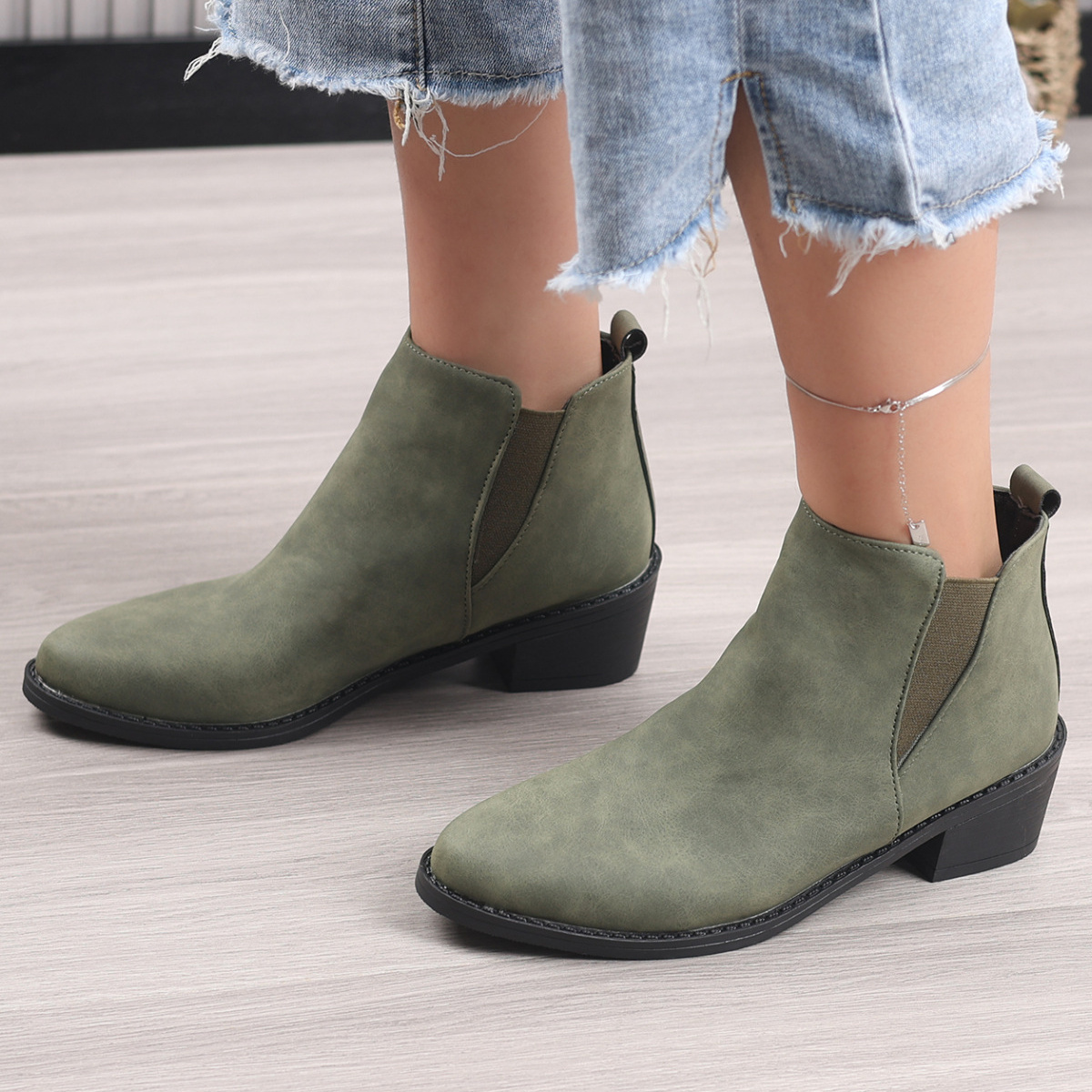 Point Toe Block Heels Ankle Boots