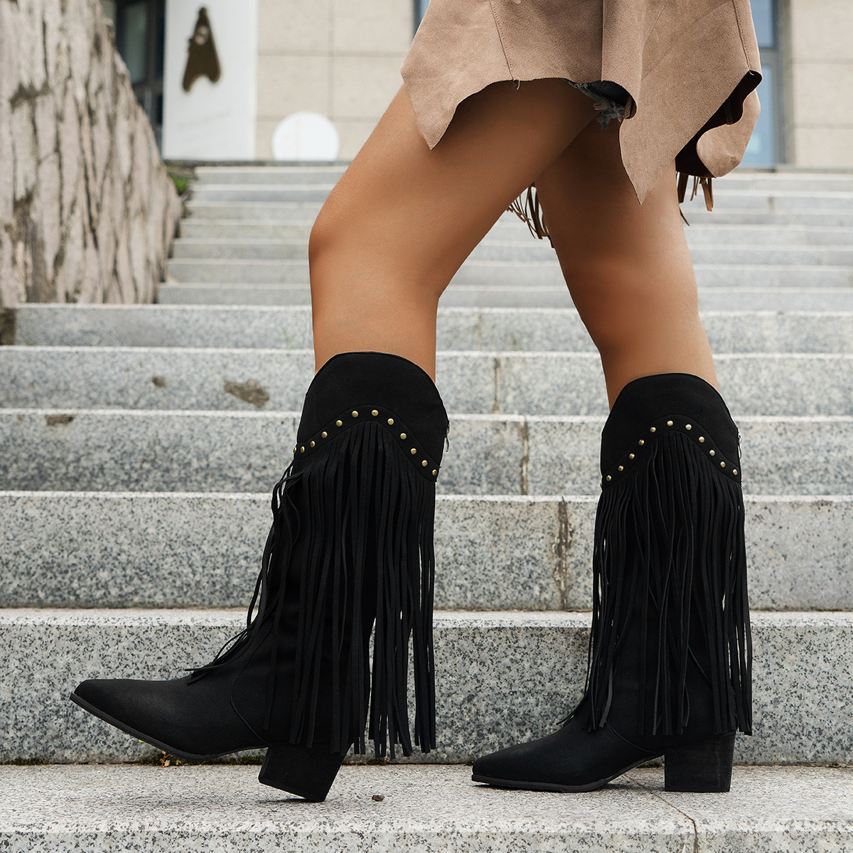 Fringe Point Toe Block Heels Boots