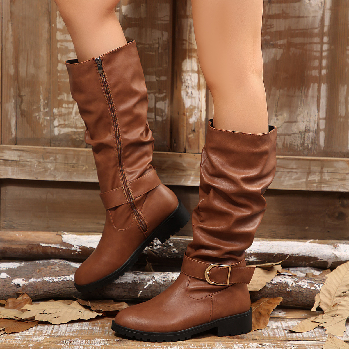 Slouchy Mid-Calf Boots with Buckle Detail