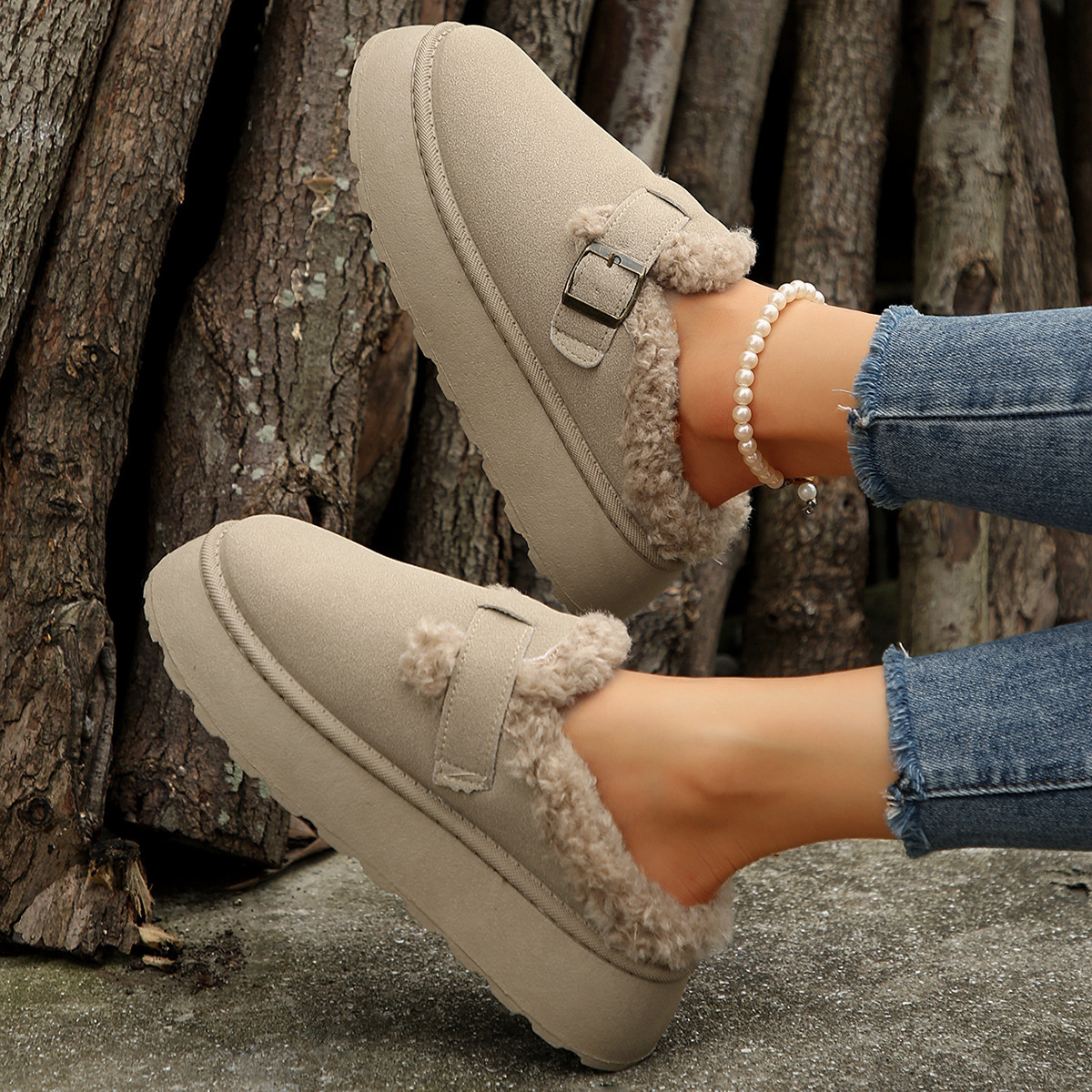 Fuzzy Trim Buckle Platform Slippers