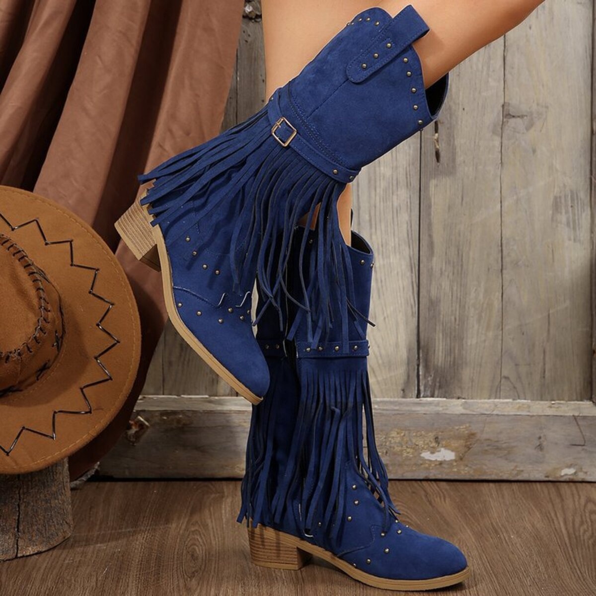 Fringe Point Toe Block Heels Boots