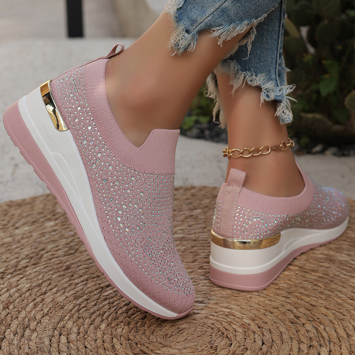Rhinestone Round Toe Slip-Ons