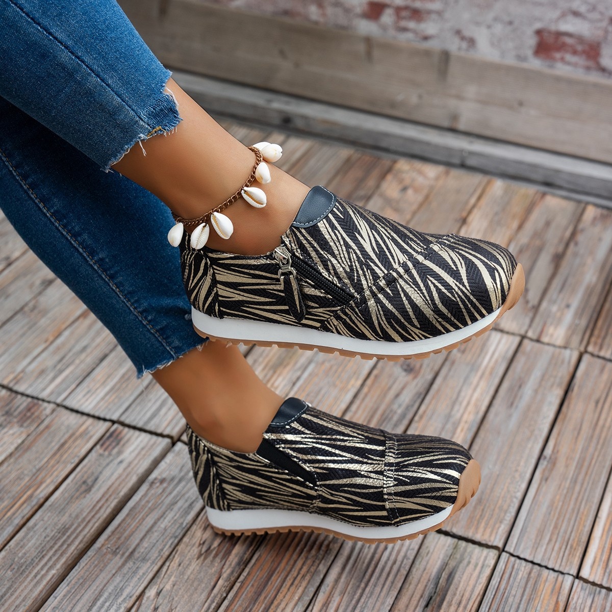 Round Toe Zipper Detail Slip-Ons