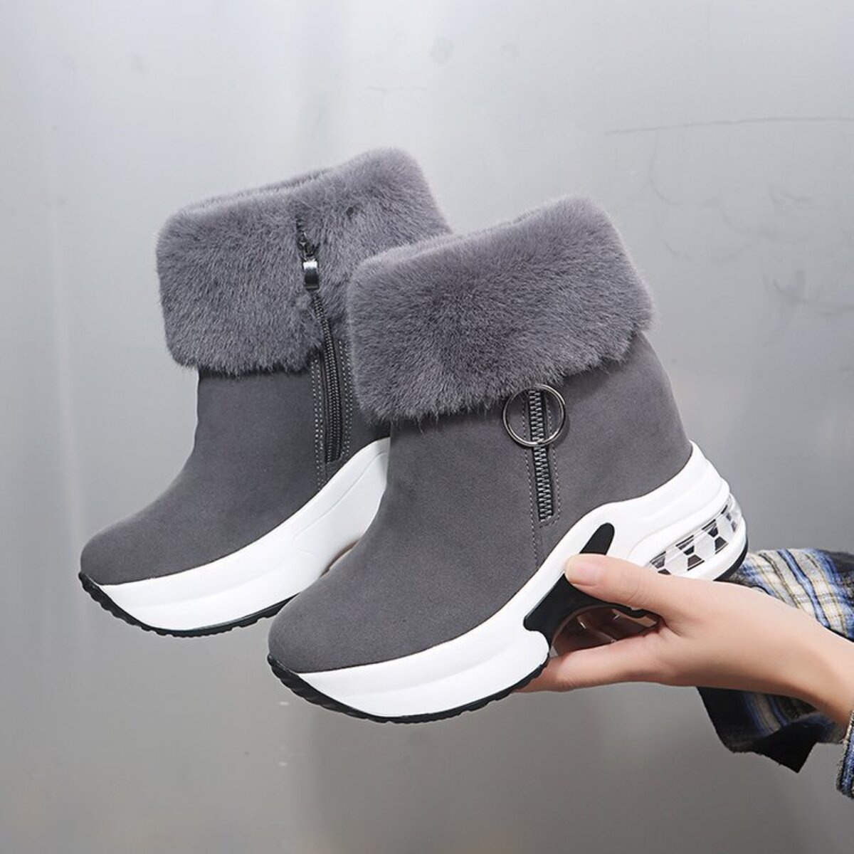 Fuzzy Side Zipper Platform Ankle Boots
