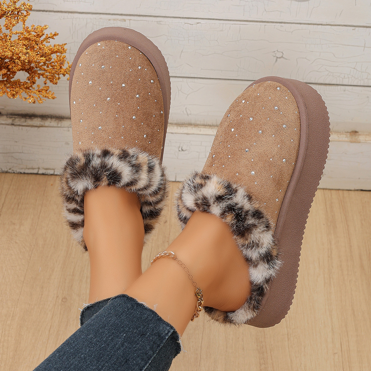 Rhinestone Faux Fur Platform Slippers