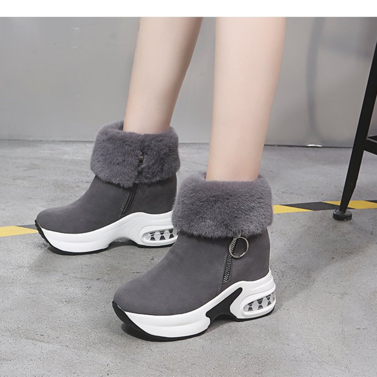 Fuzzy Side Zipper Platform Ankle Boots