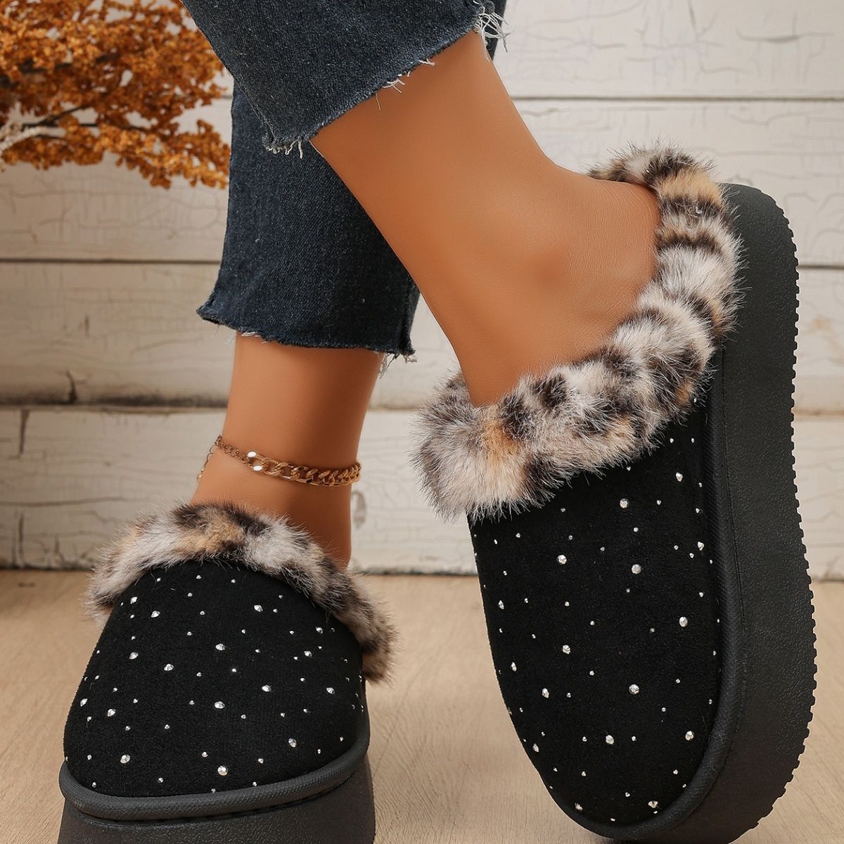 Rhinestone Faux Fur Platform Slippers