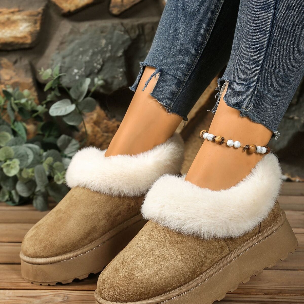 Fuzzy Trim Round Toe Platform Boots