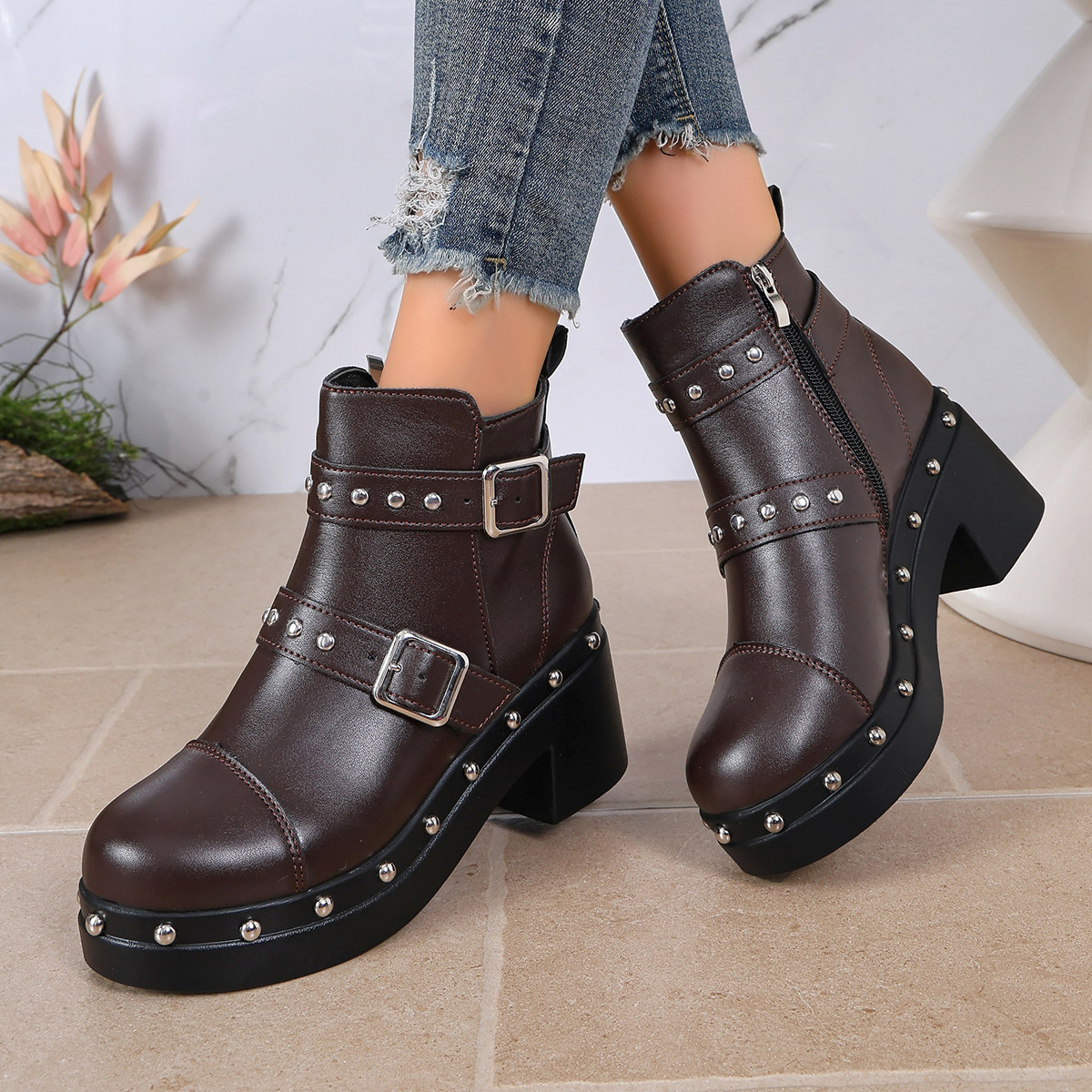 Round Toe Block Heels Boots