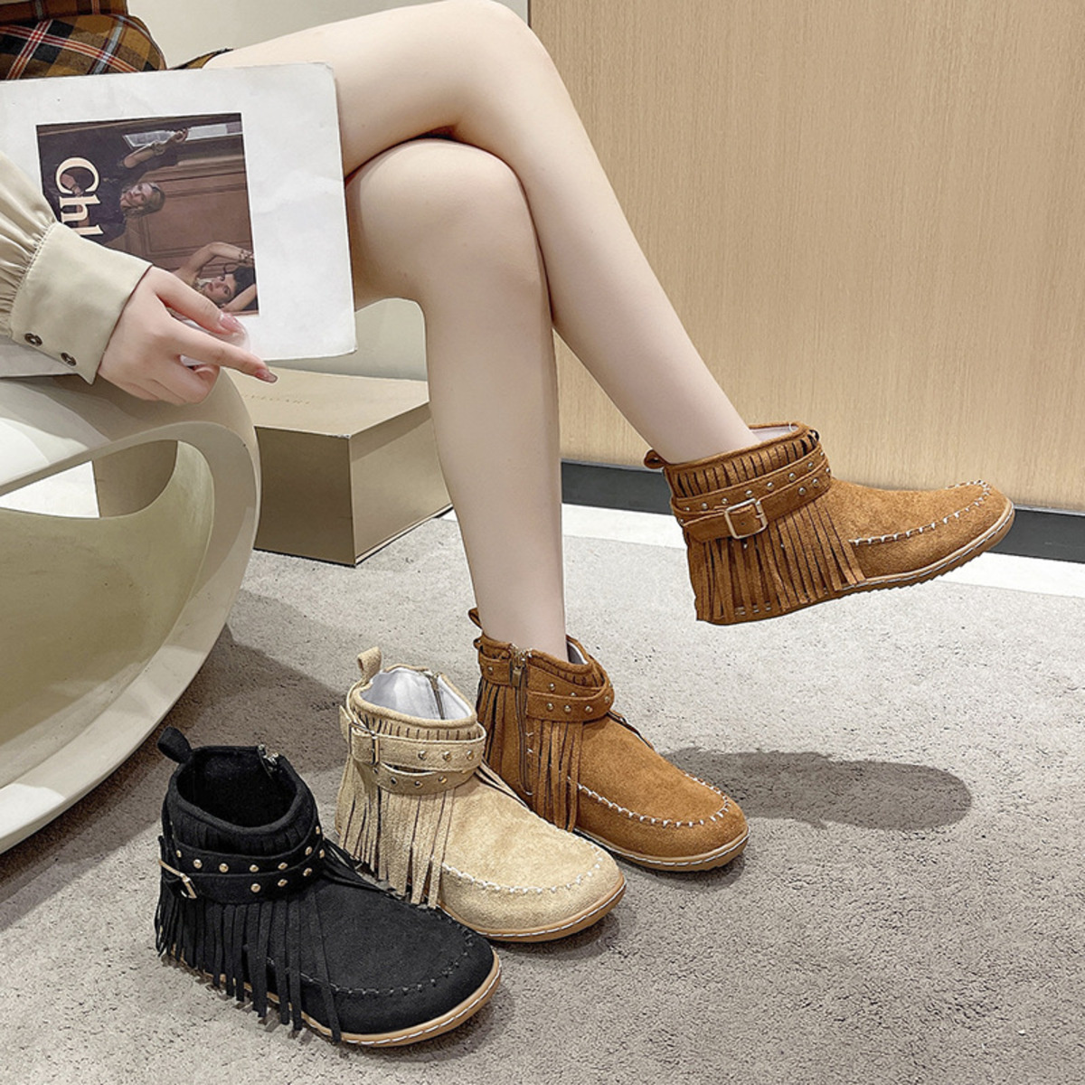Fringe Round Toe Flats Boots